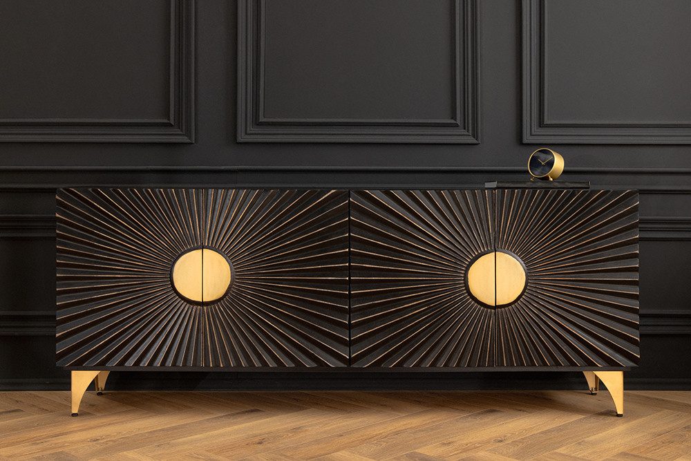 riess-ambiente Sideboard SOLARIS 180cm schwarz / gold (Einzelartikel, 1 St), Massivholz · Metall · Kommode · 3D Schnitzereien · Wohnzimmer · Design