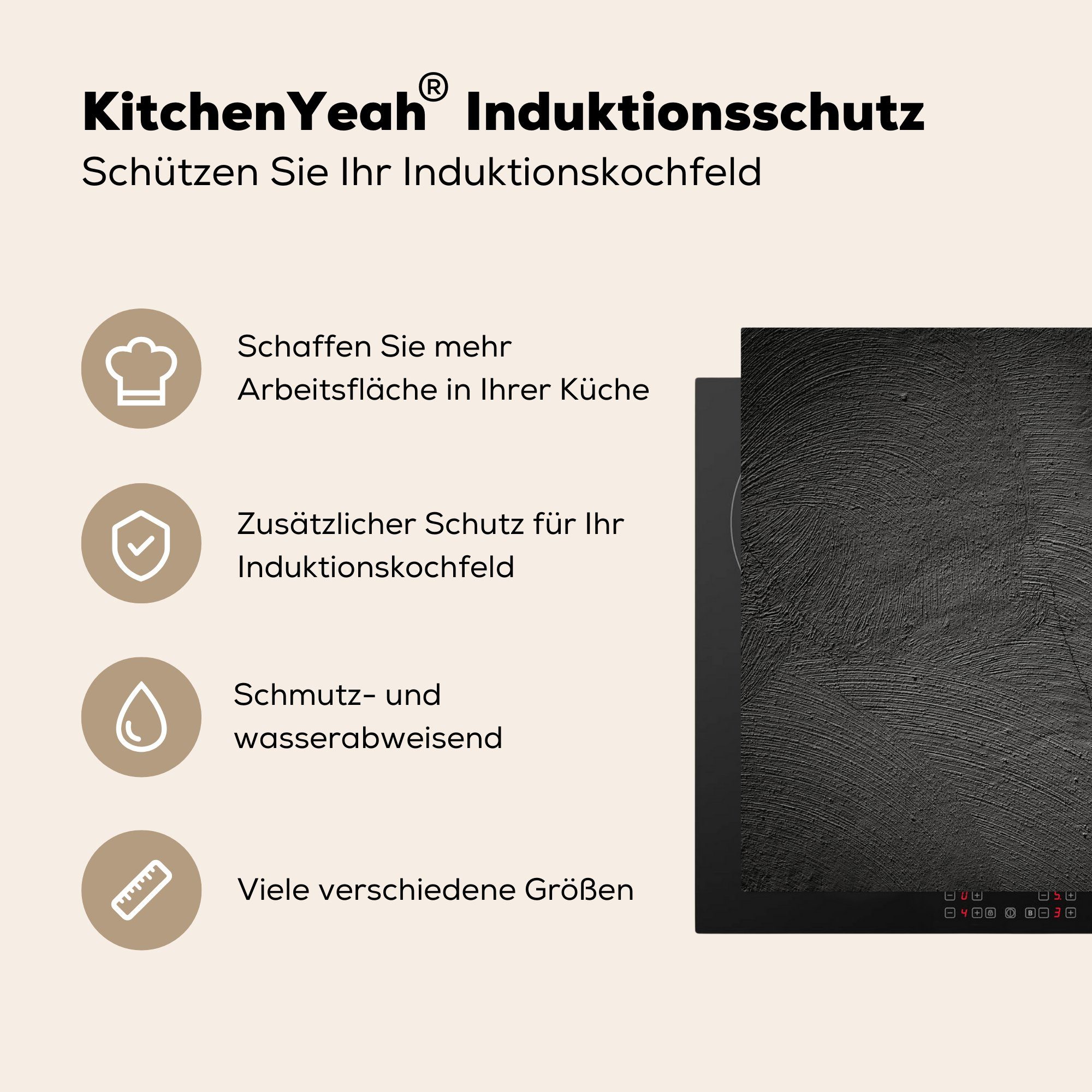 Industriell Induktionsherd, - cm, Küchen Druck tlg), Dekoration Herdblende-/Abdeckplatte für MuchoWow Schwarz, - Konkreter 58x51 Induktionskochfeld (1 Vinyl,