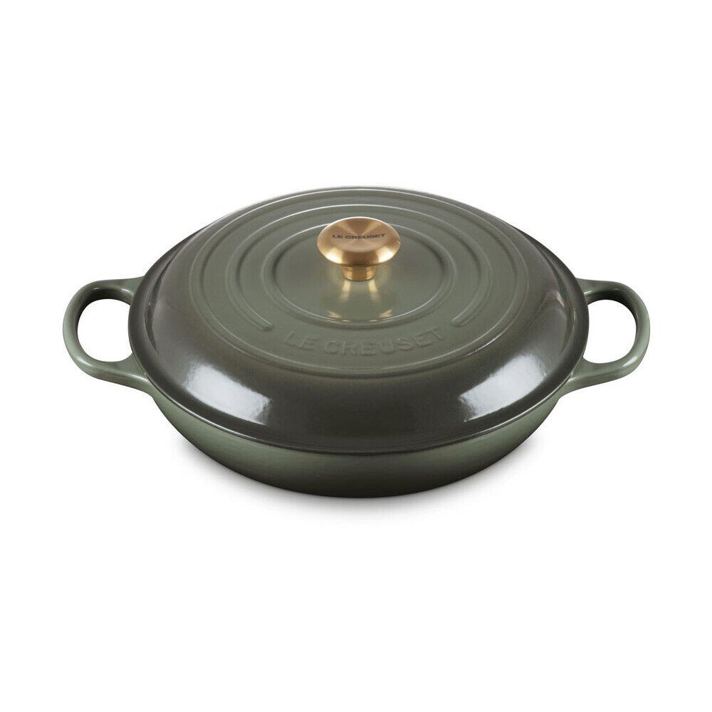 LE CREUSET Bräter Gourmet-Profitopf mit Deckel 30 cm Signature Thyme, Gusseisen, flacher Schmortopf, Cocotte, Servierpfanne, ca. 3-4 Pers., Ø30cm, grün