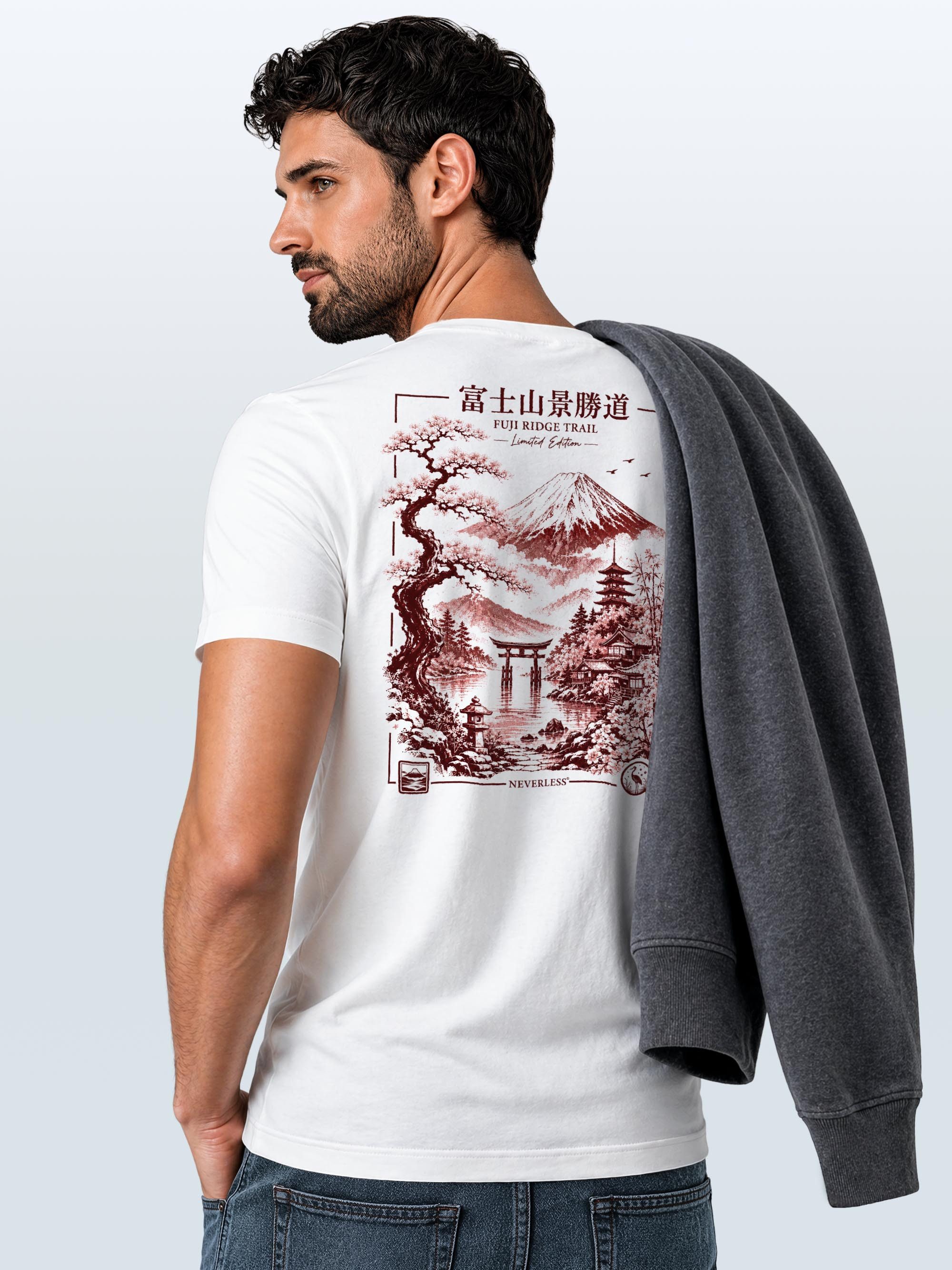 Neverless Print-Shirt Herren T-Shirt Backprint - Design Mount Fuji - Baumwollshirt Männer mit Print – Bild 5 von 5
