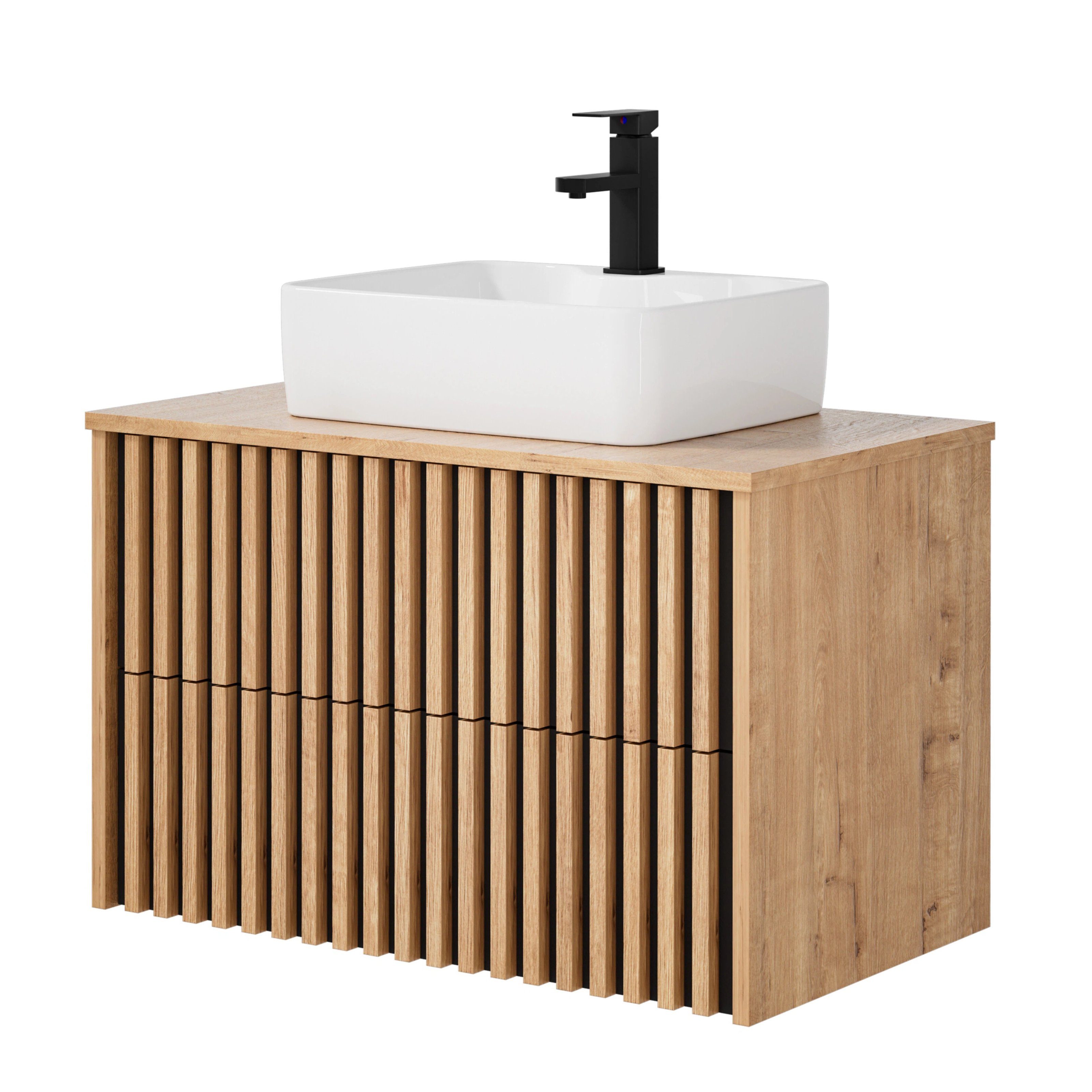 UEV Waschtisch mit Unterschrank hängend Keramik Waschbecken (Packung, Komplett-Set Badmöbel, Badezimmmer Schrank), Waschbeckenunterschrank mit Wasserhahn und Pop-up-Ablassventil