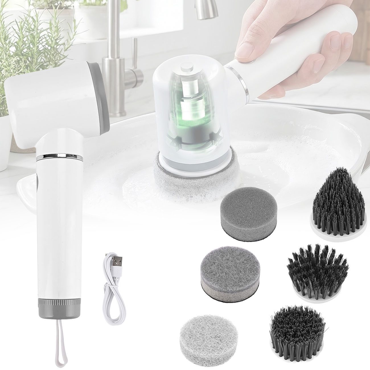 shop'n smile ideoon Akku-Oberflächenbürste Akku Reinigungsbürste 5W mit 6 Aufsätzen 2 Stufen IPX6, Akku-Gerät 5W, 1500mAh Li-Ion kabellos, 3,8 x 26 x 3,1 cm