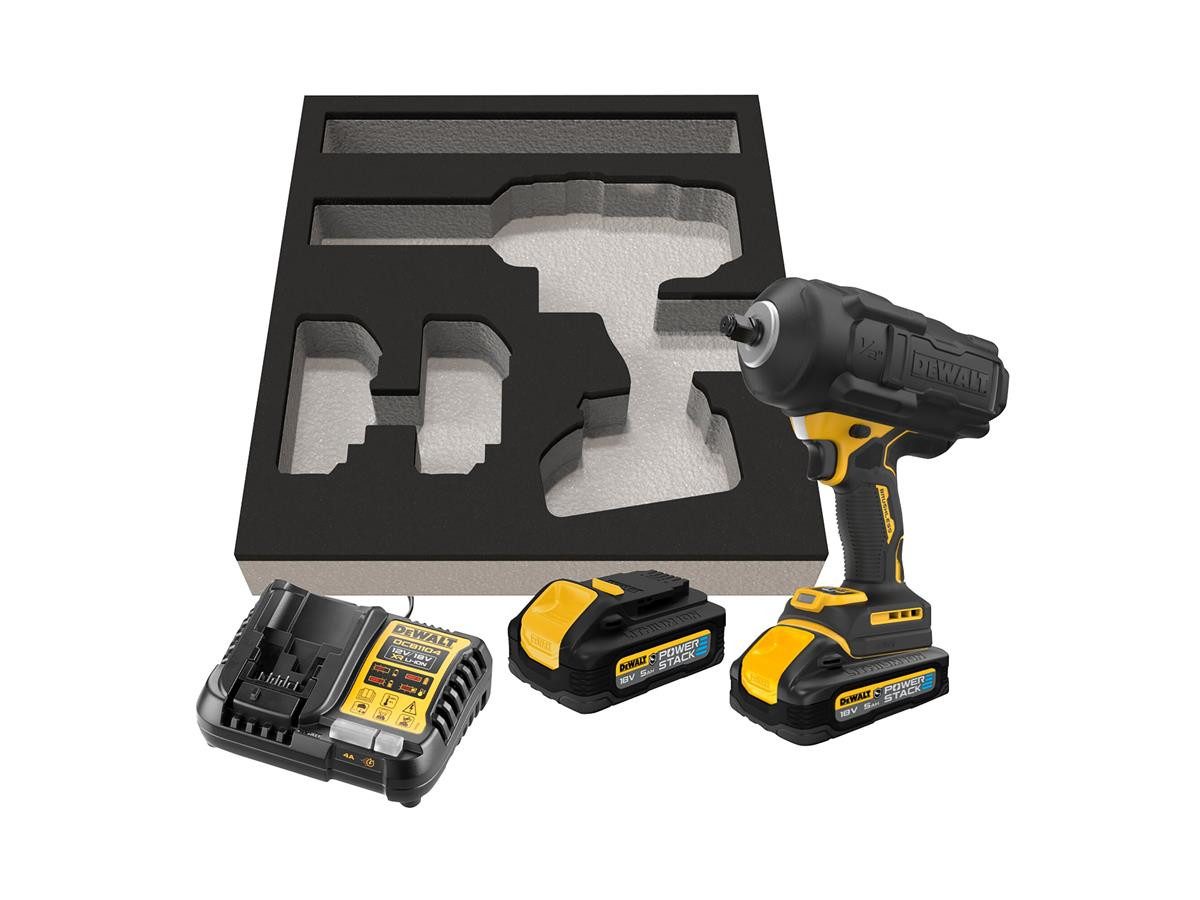 DeWalt Akku-Schlagschrauber 1/2", 18V / 5 Ah, 1200 U/min, 1632 Nm, mit bis Max. Lösemoment von 2.372 Nm und POWERSTACK G-Akkus