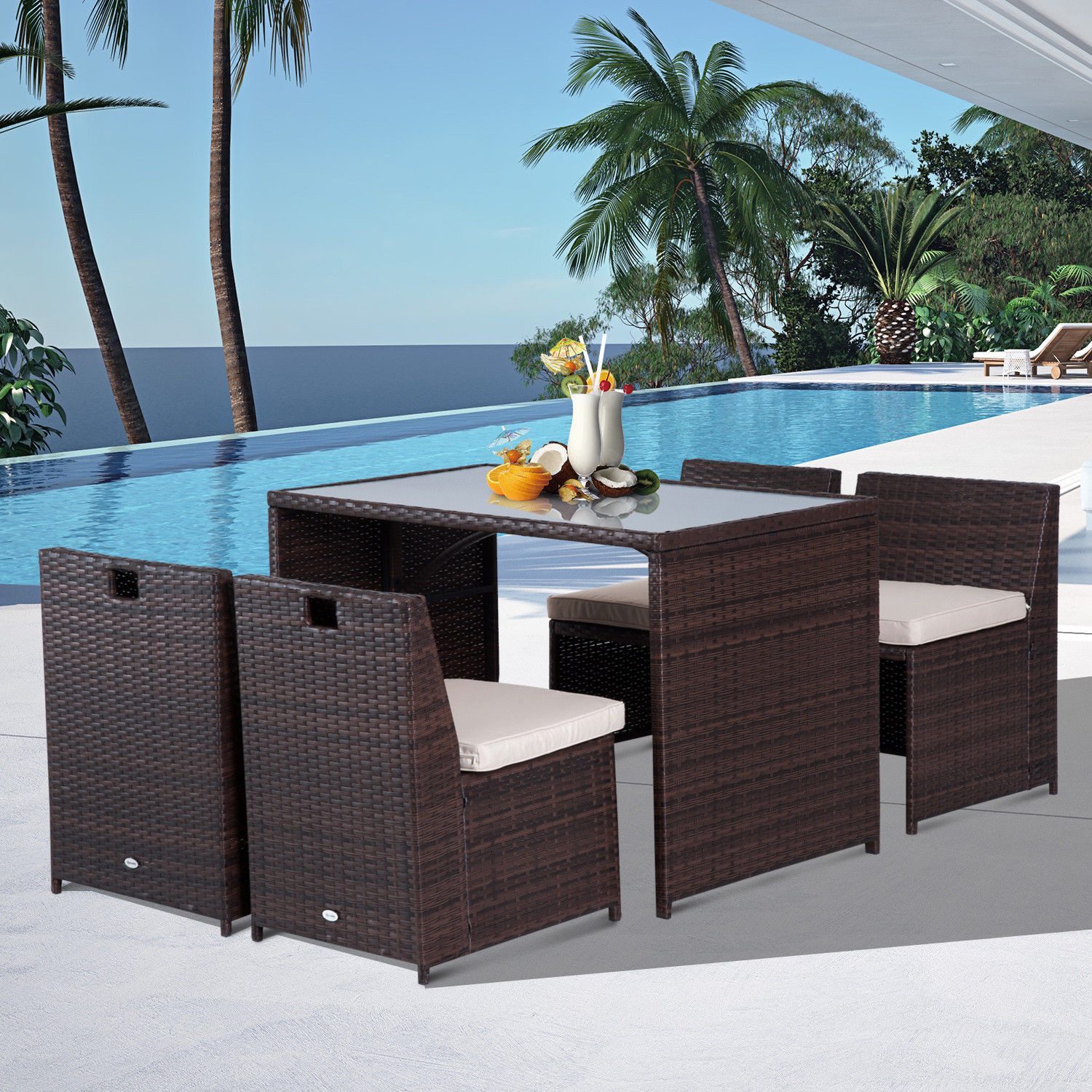 Outsunny Sitzgruppe Gartenmöbel-Set wetterfest Balkonmöbel für 4 Personen, (Polyrattan Gartenmöbel, 5-tlg., Polyrattan Gartenmöbel), Gartenset Sitzgruppe Stahl Braun