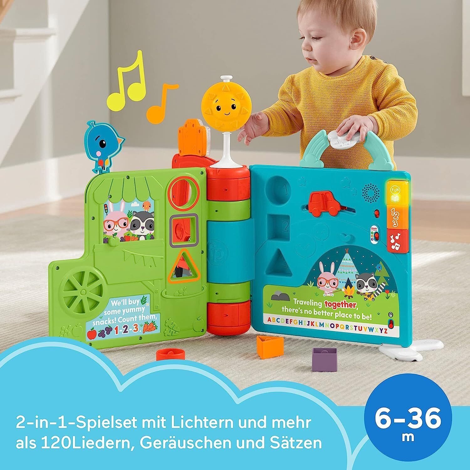 Fisher-Price® Lernspielzeug Riesen Sitz&Steh Erlebnisbuch Elektronisches Lernspielzeug Babys (1-St), Batteriebetrieb,Elektronisches 2-in-1 Lernspielzeug