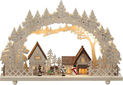 KONSTSMIDE Schwibbogen »LED Holzleuchter Dorf, Weihnachtsdeko«, naturfarbenes Holz, wählbare Energieversorgung, 10 warm weiße Dioden