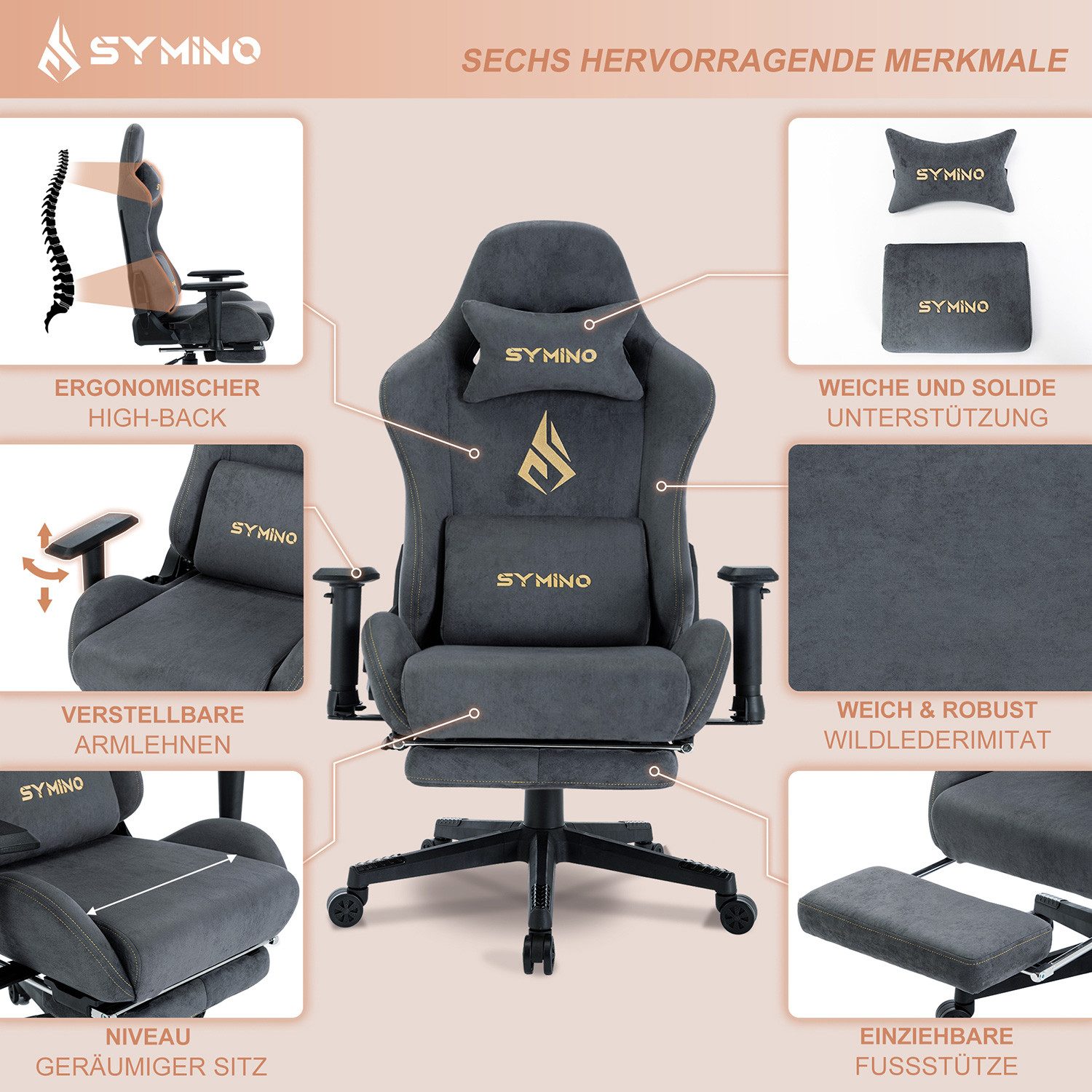 symino Gaming-Stuhl Premium Alcantara Stoff, ergonomischer, Serie MP – Bild 4 von 5