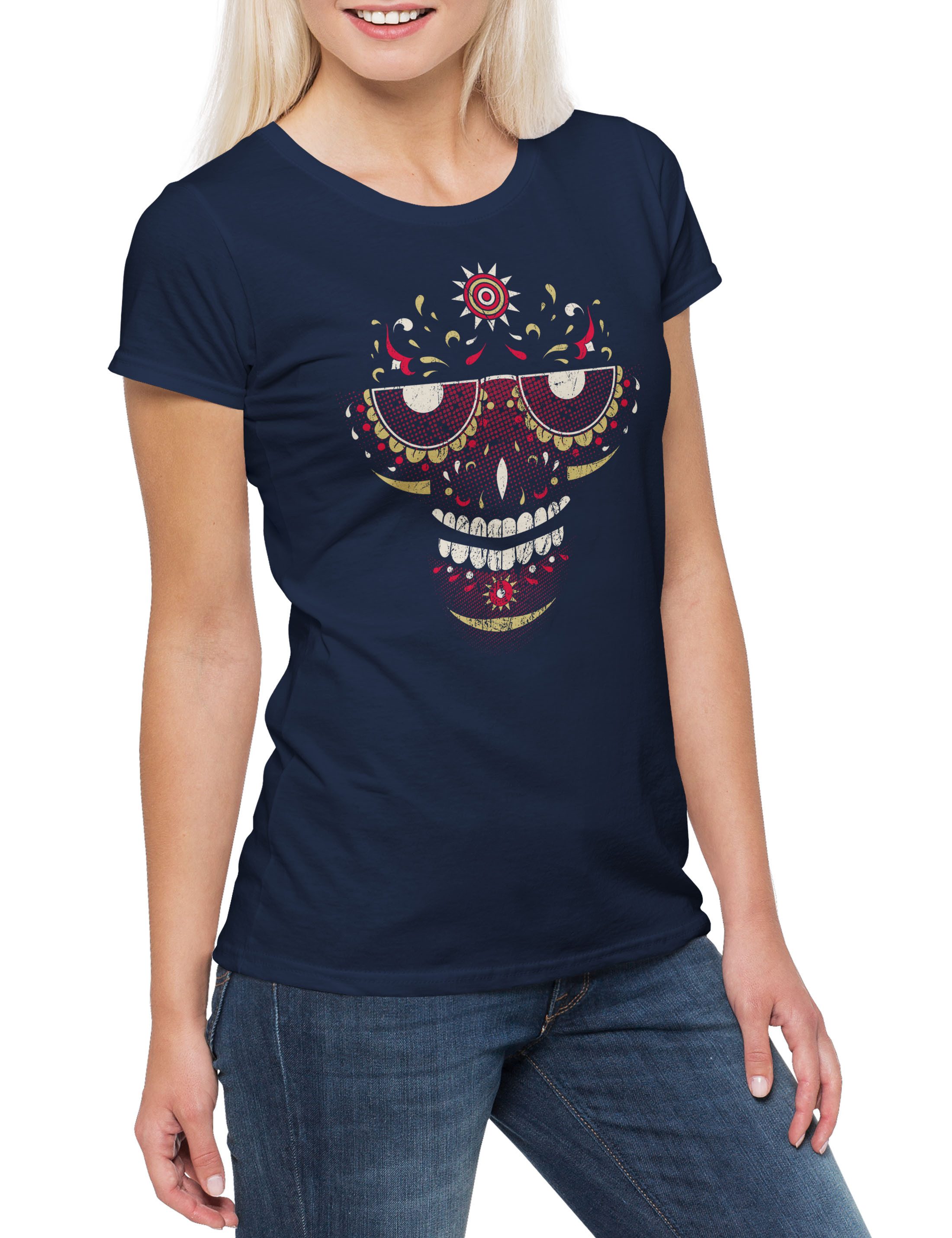 Print-Shirt Sugar Skull Face Damen T-Shirt Schädel Mexiko Gang Latino Mexico