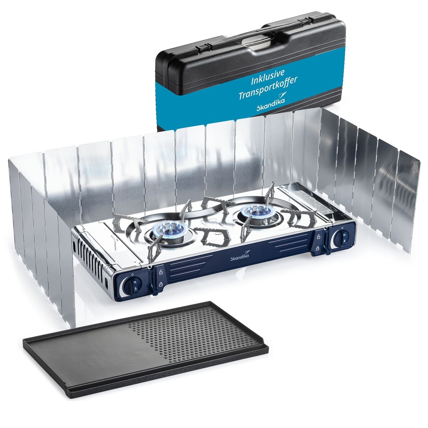 Skandika Gaskocher Brann, Campingkocher, Kochfeld, Gasbrenner, Edelstahl, Piezo-Anzünder, (2-flammig im Set, für Gaskartuschen MSF-1A 227 g), Topf mit Deckel, Windschutz, Tragekoffer, stufenlos regulierbar