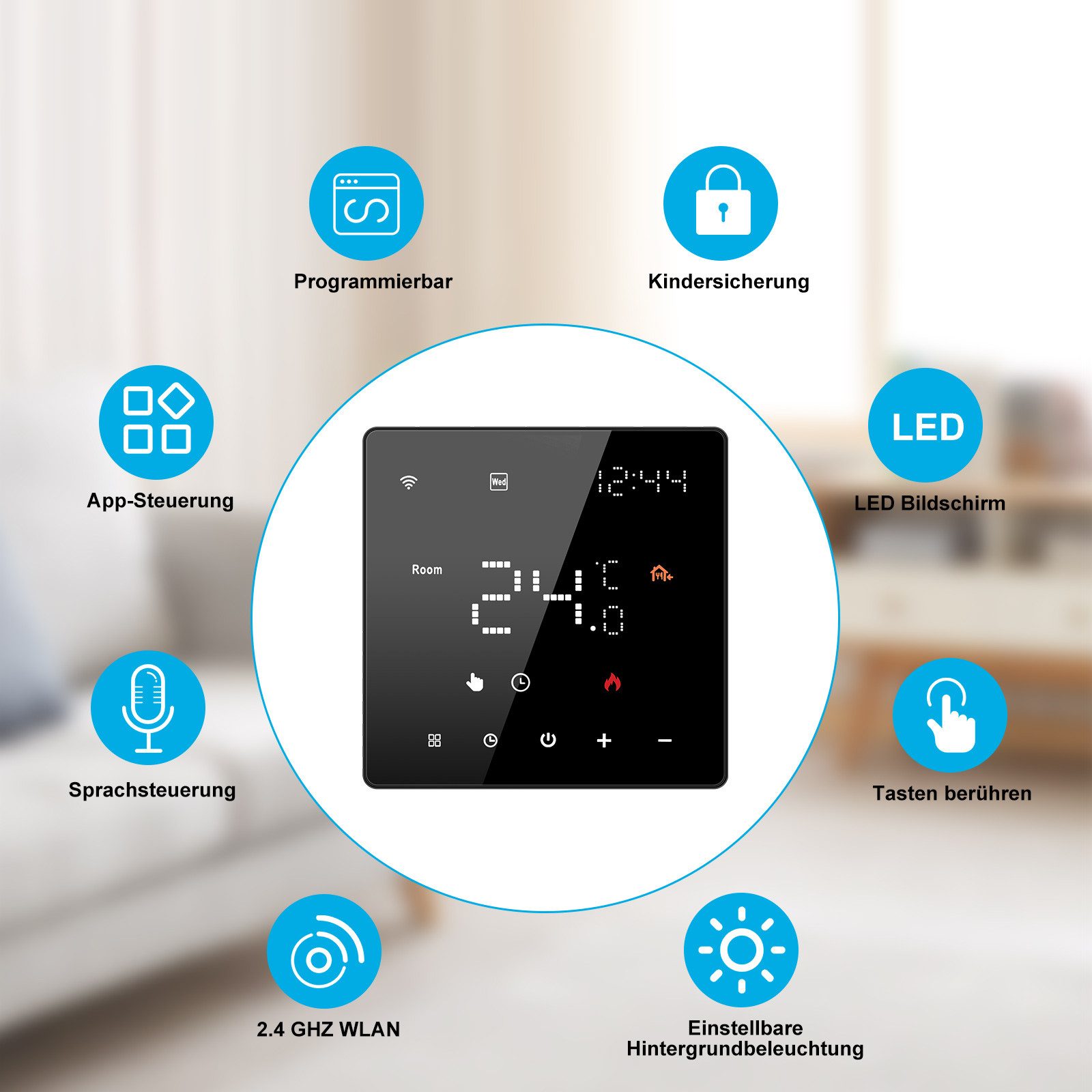 CONENTOOL Smart Thermostat, max. 250 V, Electronic, (1-pc., 16 A, Weekly Programmable, Touchscreen), WiFi Room Thermostat