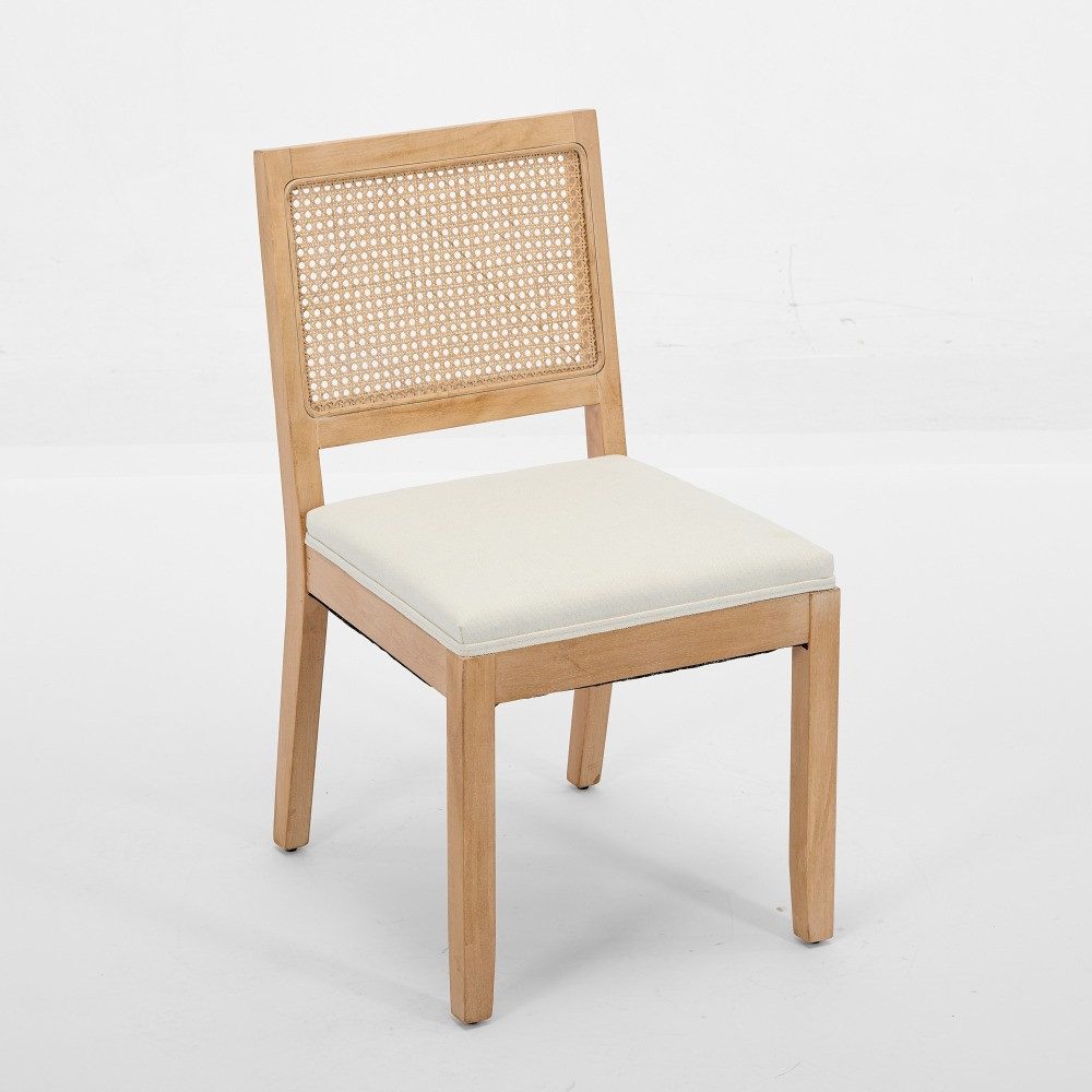 BBWL Esszimmerstuhl 2er Set Rattan Leinen Polsterstuhl Massivholz Mid Century Küchenstuhl, Esszimmerstühle Beige Farmhouse Design – Bild 4 von 5