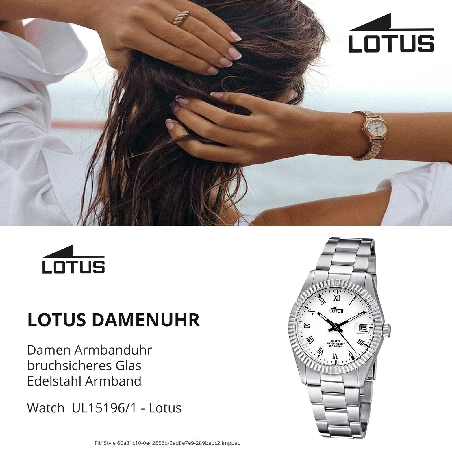 Lotus Quarzuhr Damen L15196/1, Lotus Edelstahlarmband, Gehäuse, Uhr mittel 36,3mm), (ca. rundes Fa Edelstahl Damenuhr mit