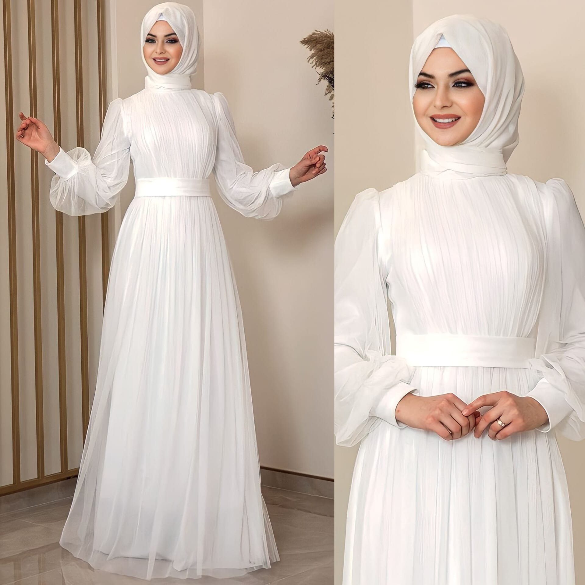 Modavitrini Abendkleid Sükse Abiye Damenkleid Ekru Hijab Brautkleid  Langärmliges Maxikleid