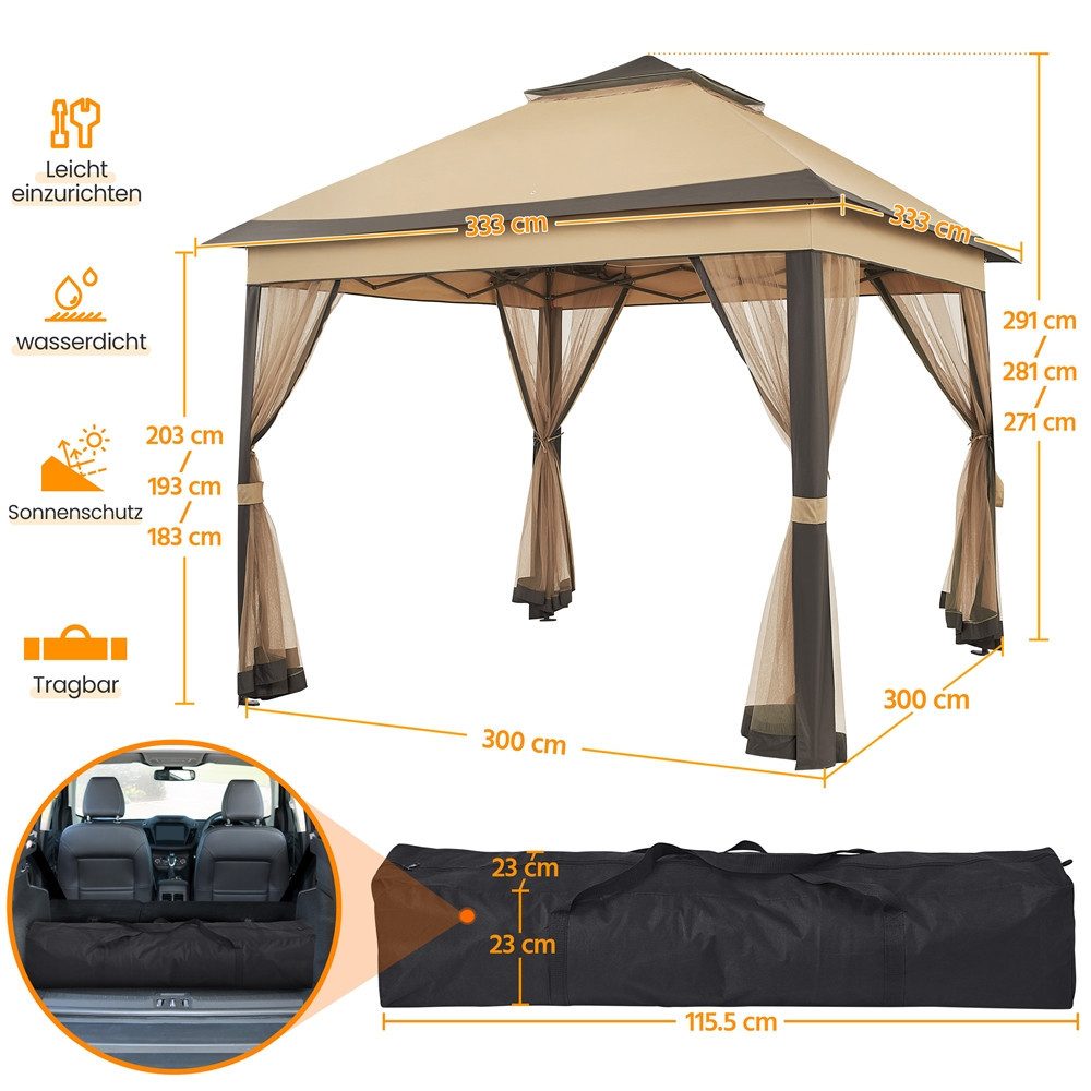 Yaheetech Faltpavillon Höhenverstellbarer Gartenpavillon mit Dach 3,3x3,3 m/ 4x4m, mit 4 Seitenteilen, Zelt mit Moskitonetz & Doppeldach & Tragetasche – Bild 3 von 5