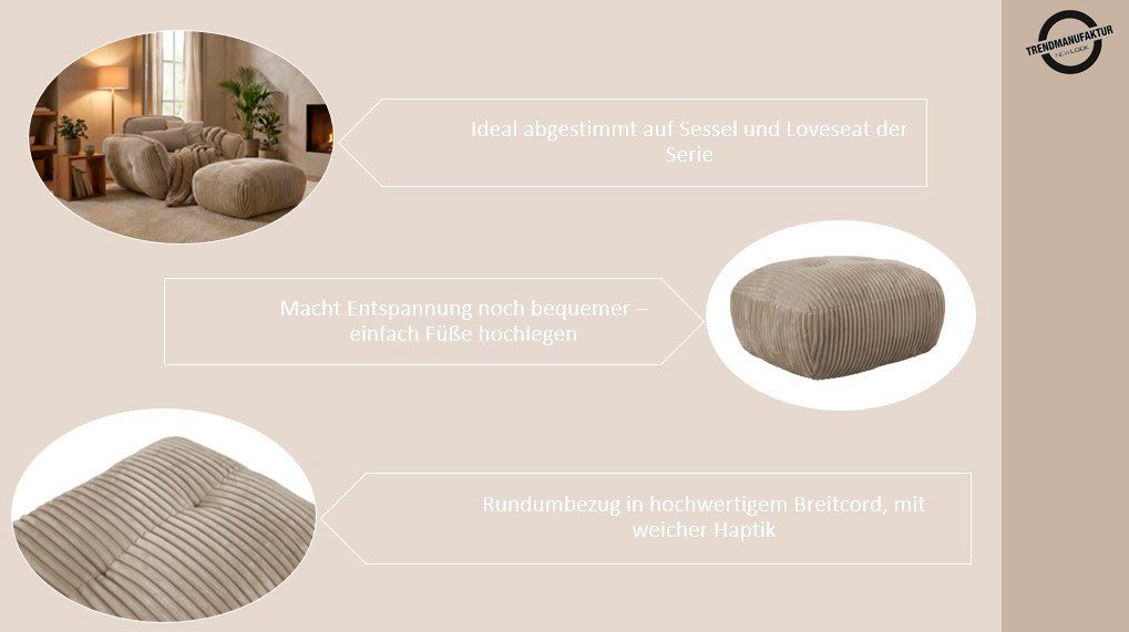 TRENDMANUFAKTUR Hocker Be Fluffy: Weicher Breitcord Bezugsstoff, perfekte Ergänzung zur Serie, Polsterhocker mit softem Sitzkomfort, moderner breiter Kedernaht – Bild 3 von 5
