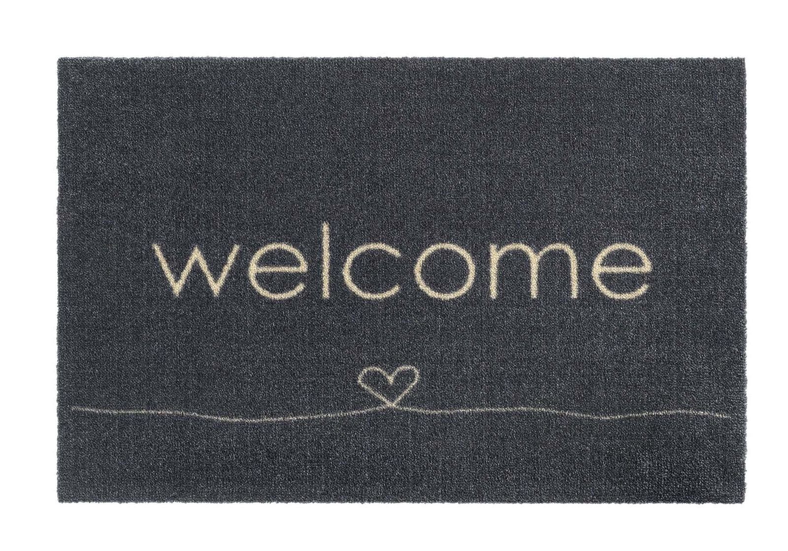 MD Entree Fußmatte Ambiance Schmutzfangmatte Eingangsmatte Innenbereich, rechteckig, Höhe: 8 mm, bei 30° waschbar, anti-rutsch, 50 x 75 cm, Welcome Heart, anthrazit