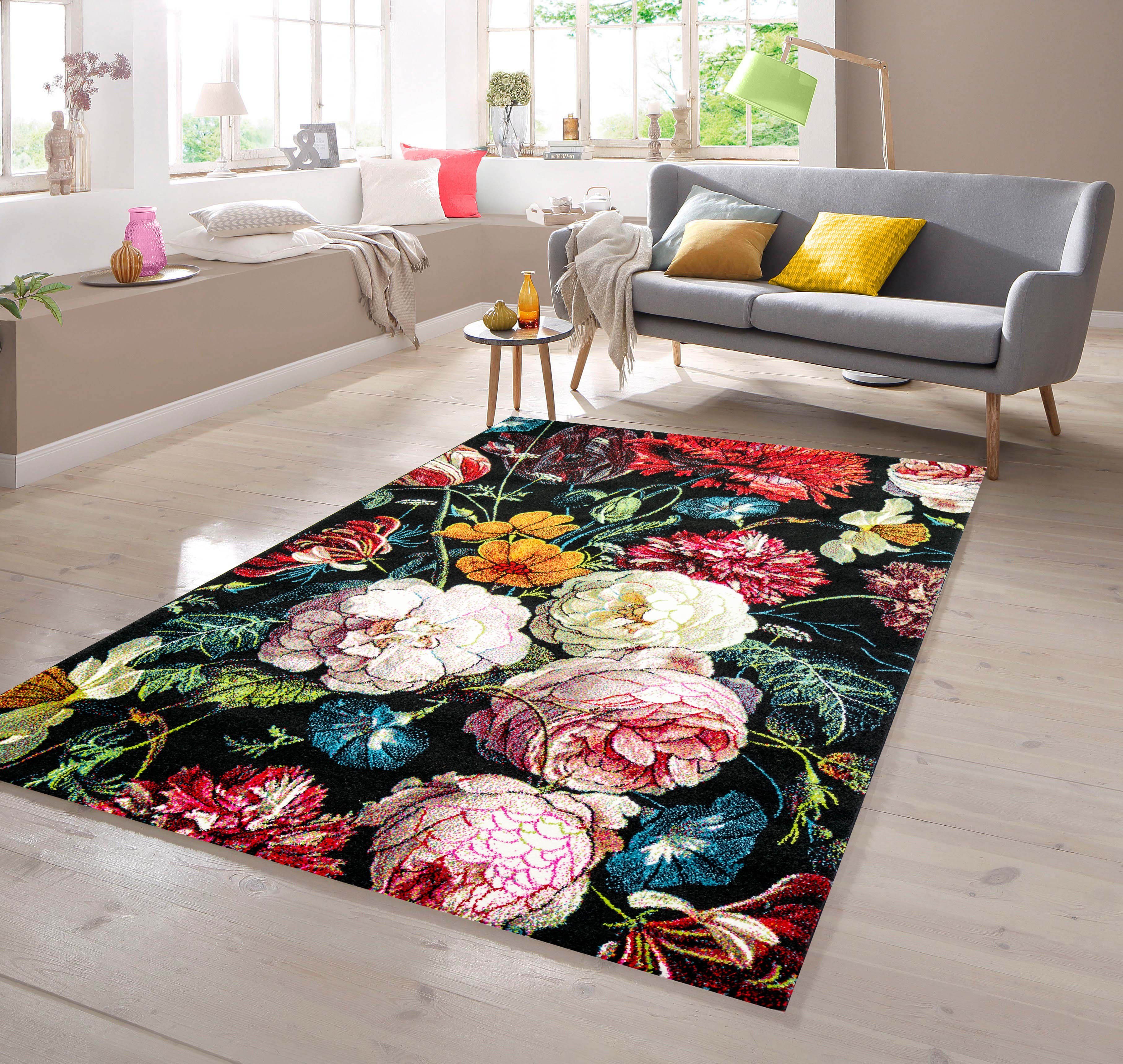 TeppichHome24 Teppich Teppich Blumenstrauß in schwarz, günstig online kaufen
