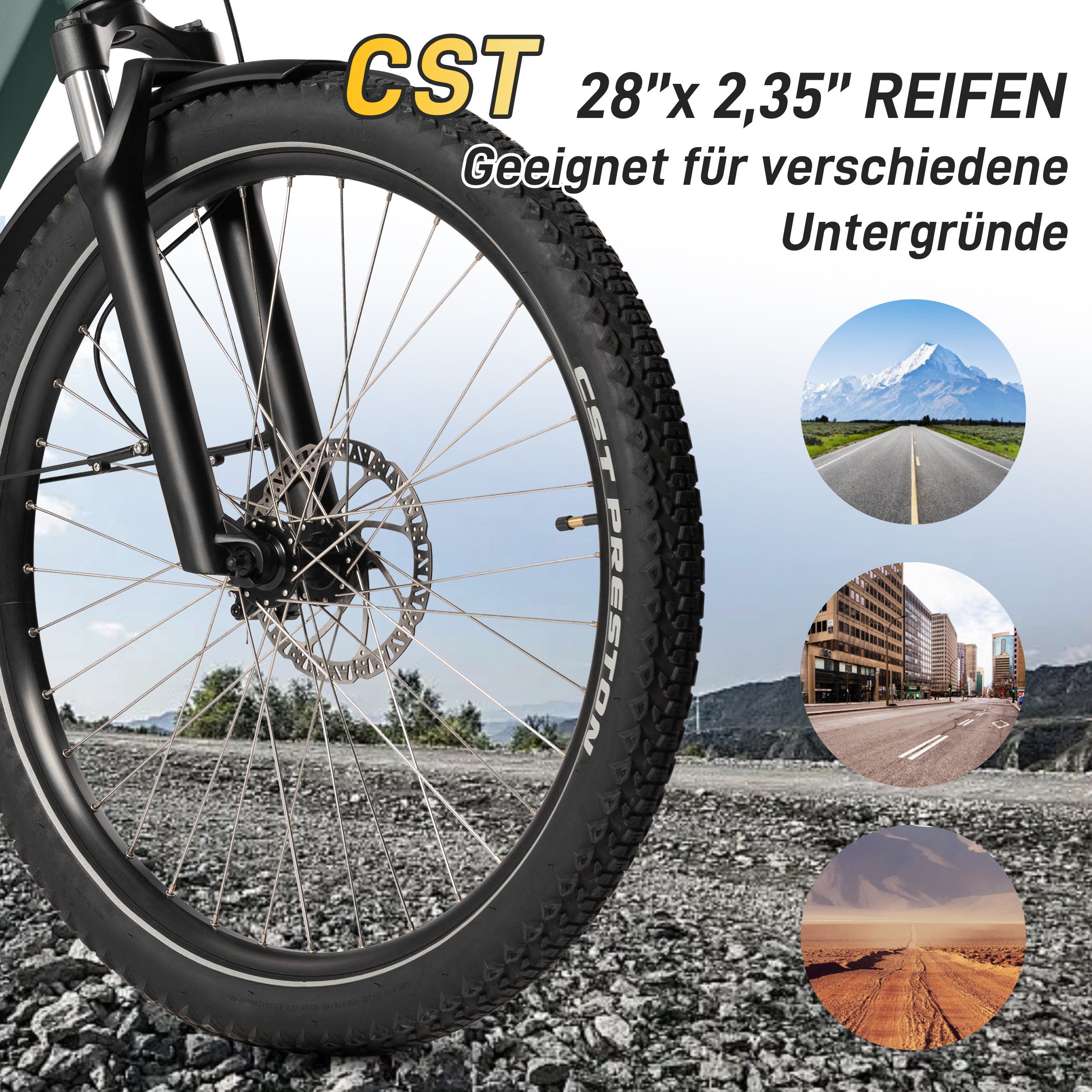 SAXXX E-Bike Cityrad 28×2,35'' SAXXX CSE, SUV Elektrofahrrad mit 468Wh Akku, max. 120km, 7 Gang SHIMANO Altus Schaltwerk, Kettenschaltung, Hinterradmotor, 468 Wh, (Beleuchtungsset, mit Akku-Schlüssel, mit Gepäckträger), abnehmbarer Akku, Pedelec mit Tiefeinstieg, für Damen und Herren