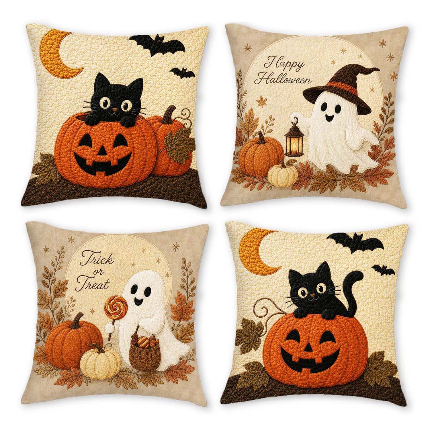Bomiclss Kissenhüllen 4er-Set 2D Flachdruck Herbst Cartoon Halloween Kissenbezüge, (4 Stück)