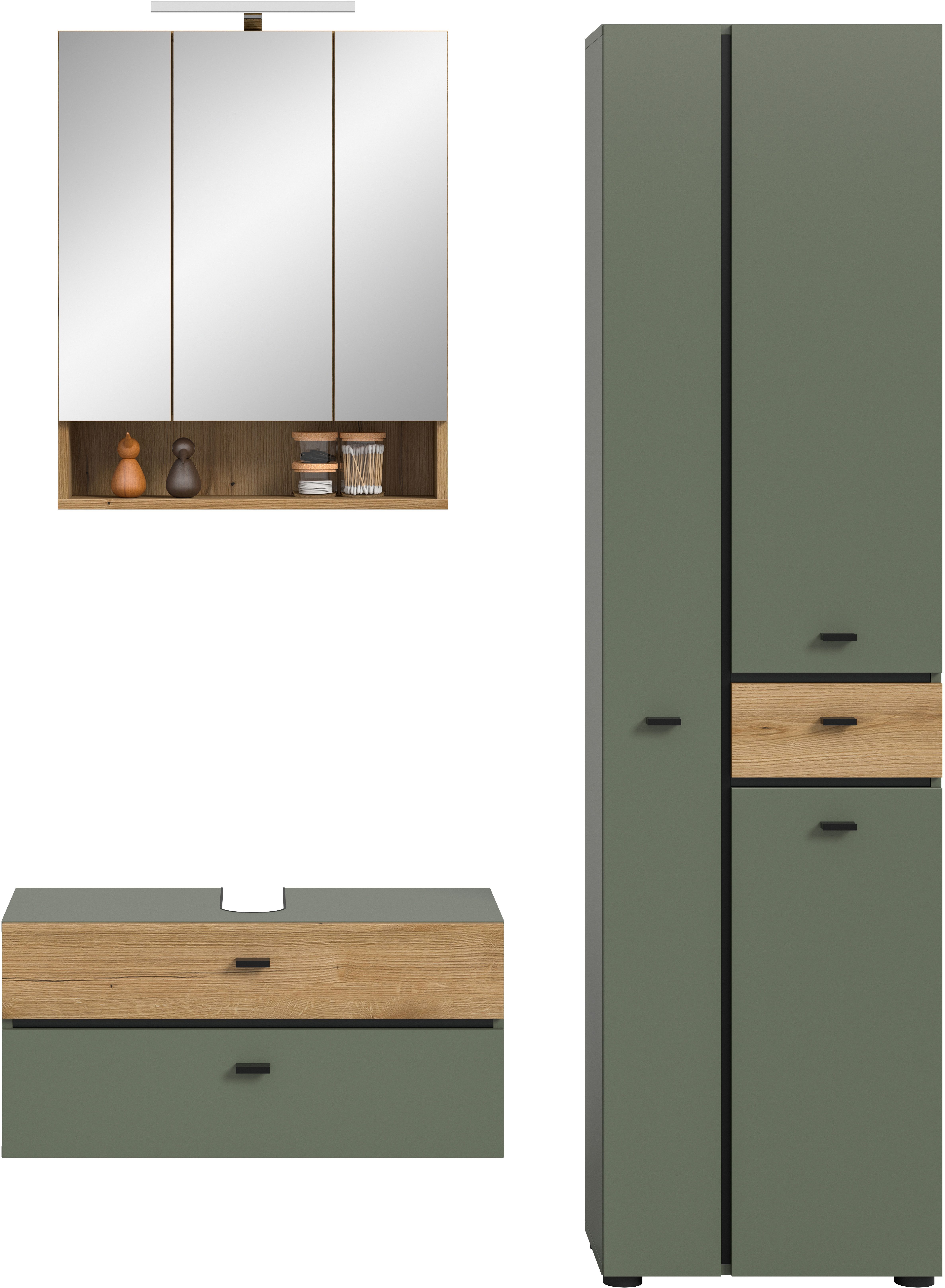welltime Badmöbel-Set VANN, 3-teilige moderne Badkombination, inkl. Beleuchtung, (3-St., Waschbeckenunterschrank, Spiegelschrank inkl. Beleuchtung, Hochschrank), Bad-Kombination, Bad-Möbel, Badezimmer, Kombination, Kombi, Bad-Set