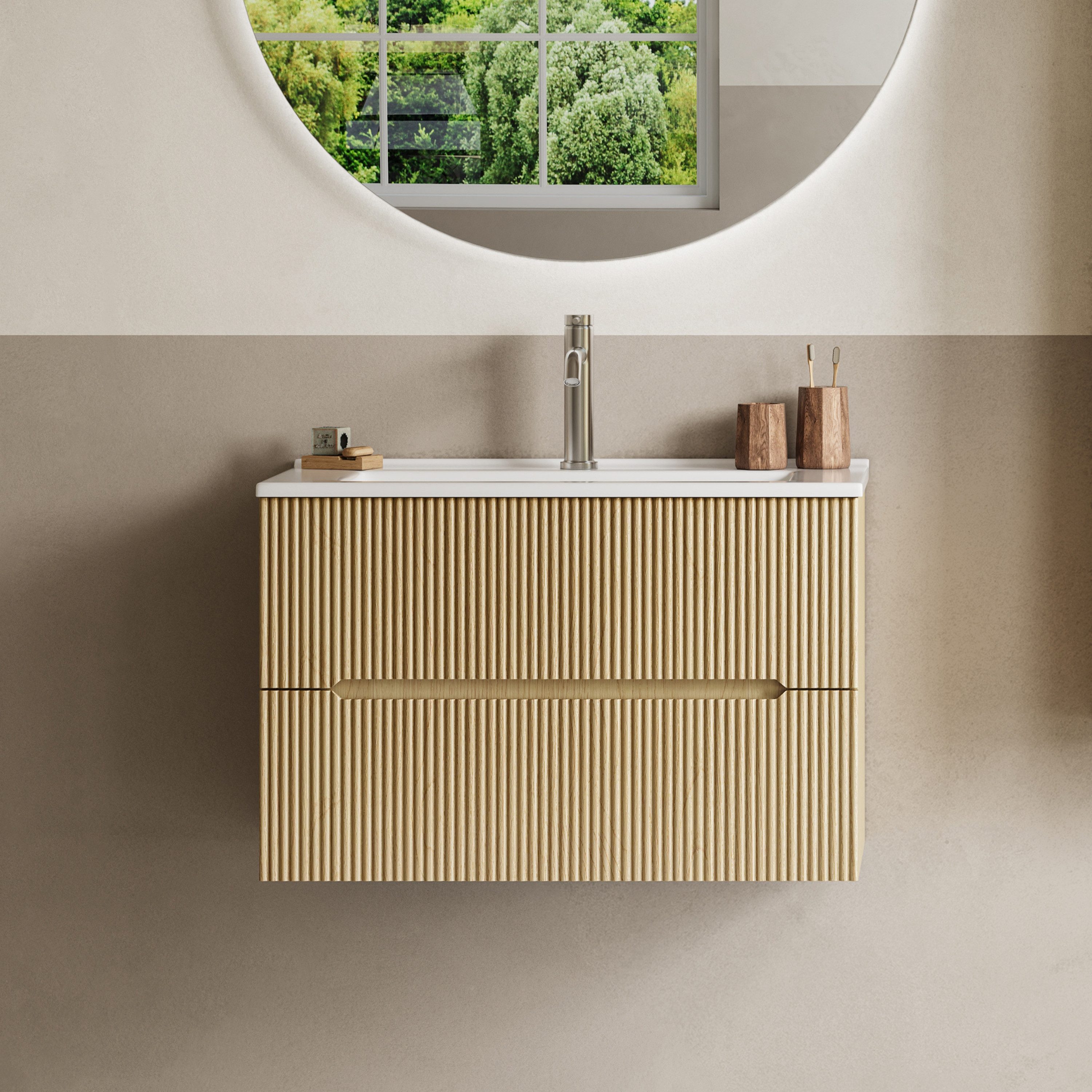 BRIDGE BENO Wandhängeschrank 61 cm Breiter Wandschrank Mit Keramikwaschbecken, 2 Schubladen, 1-tlg., geeignet Für Kleine Badezimmer/gäste-Wcs