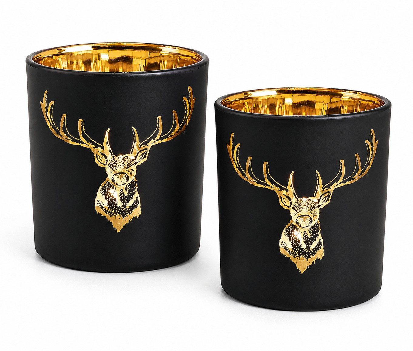 Wurm Windlicht 2er Set Windlichter Hirsch Schwarz-Gold aus Glas – Ø 7 cm