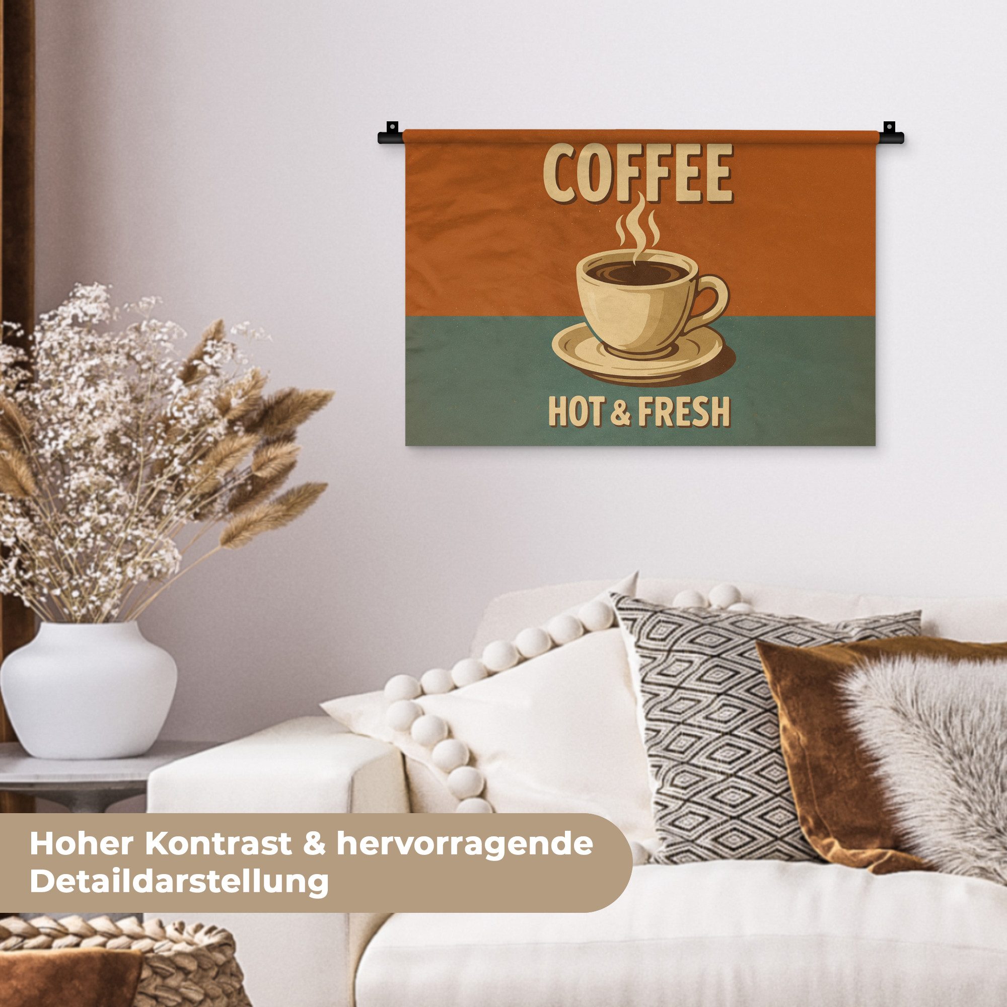 MuchoWow Wandteppich Kaffee - Tasse - Vintage - Zitat, Rechteckig, Höhe: 3 mm, Wandteppich für Wohnzimmer, Schlafzimmer, 60x40 cm