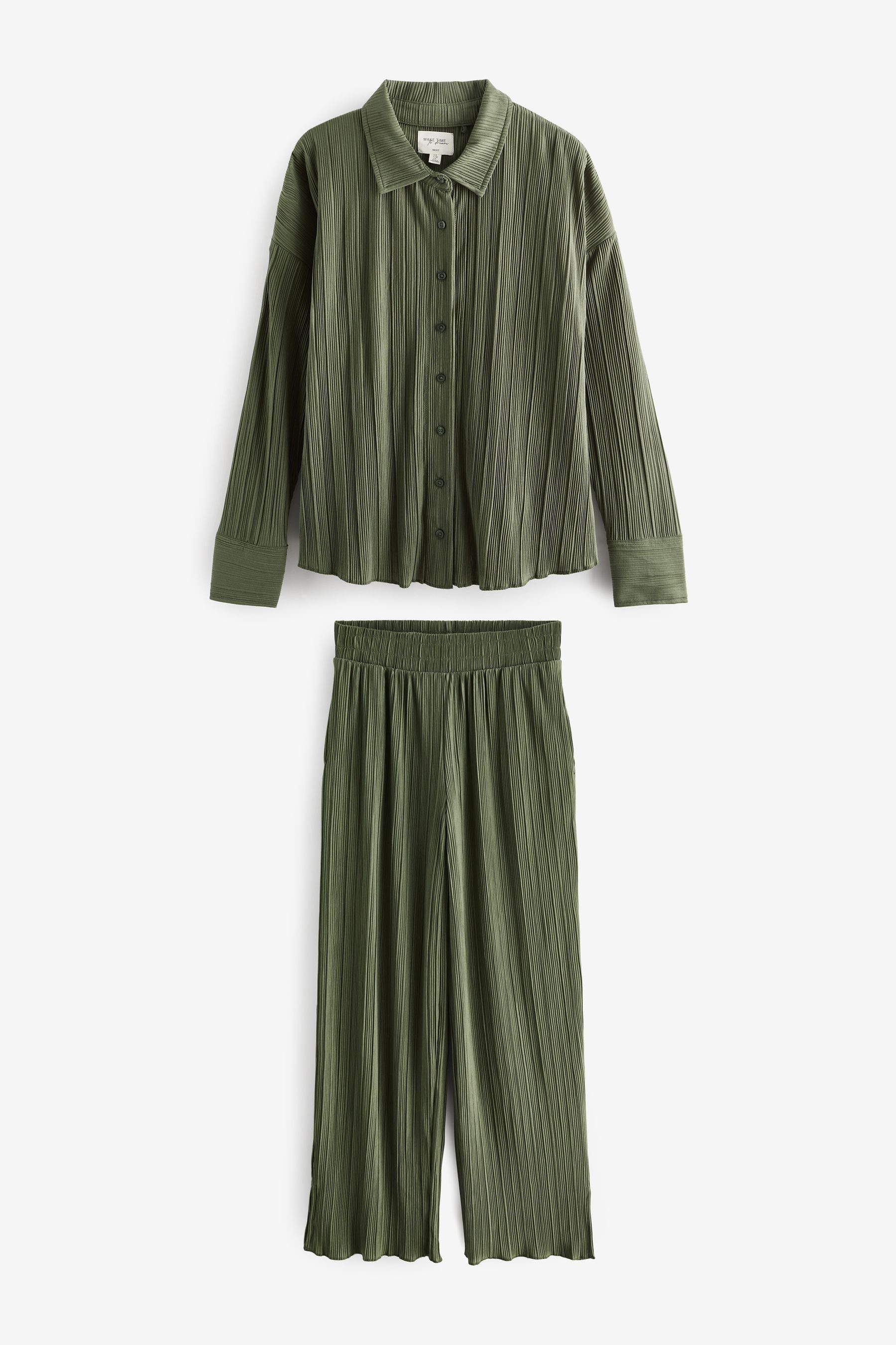 Next Pyjama Schlafanzug (2 und mit Green Plisséfalten Knopfleiste tlg) Khaki
