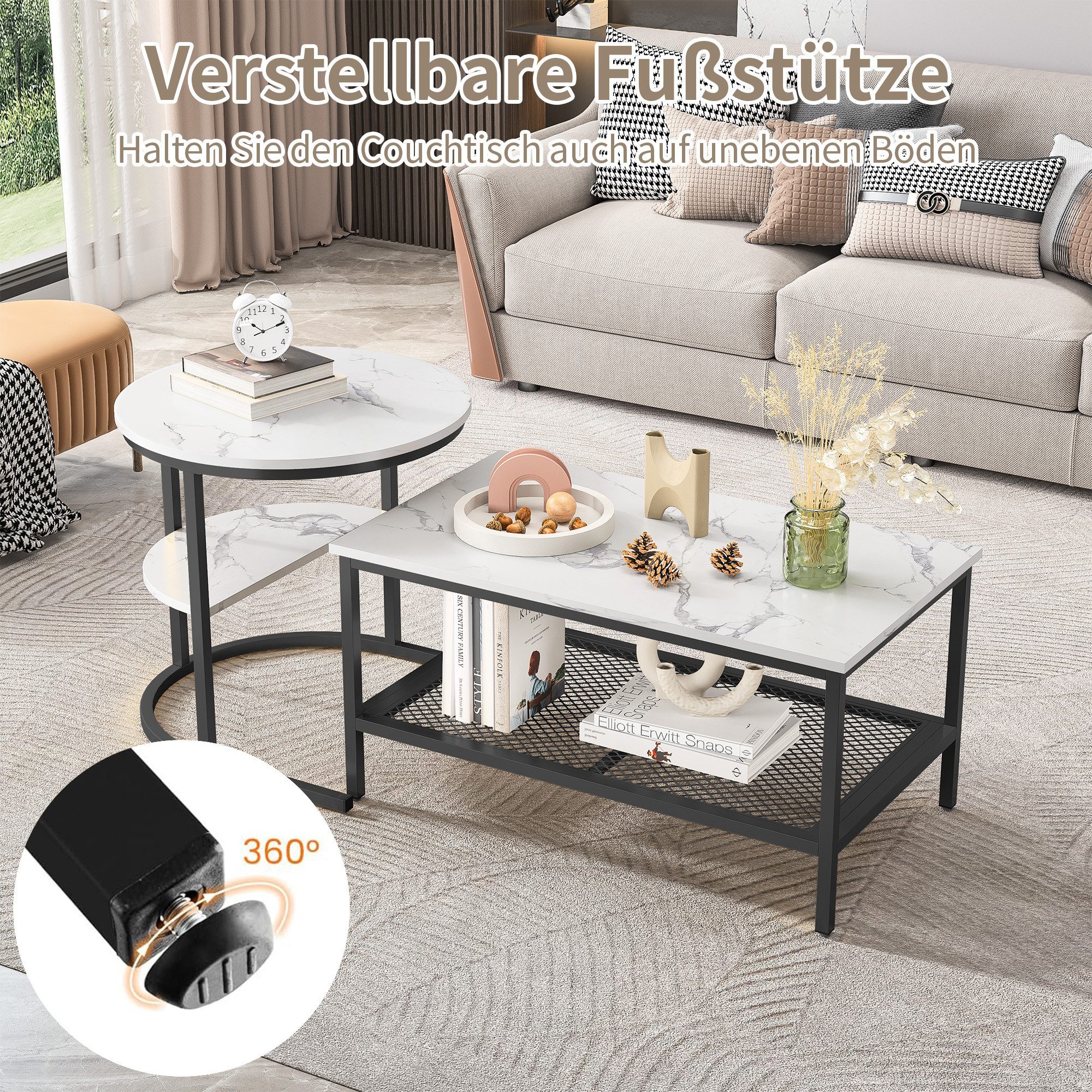 FUROKOY Couchtisch Beistelltisch Sofatisch wohnzimmertisch kaffeetisch 2er set, Runder und quadratischer Tisch,Schwarz,Marmoroptik – Bild 5 von 5