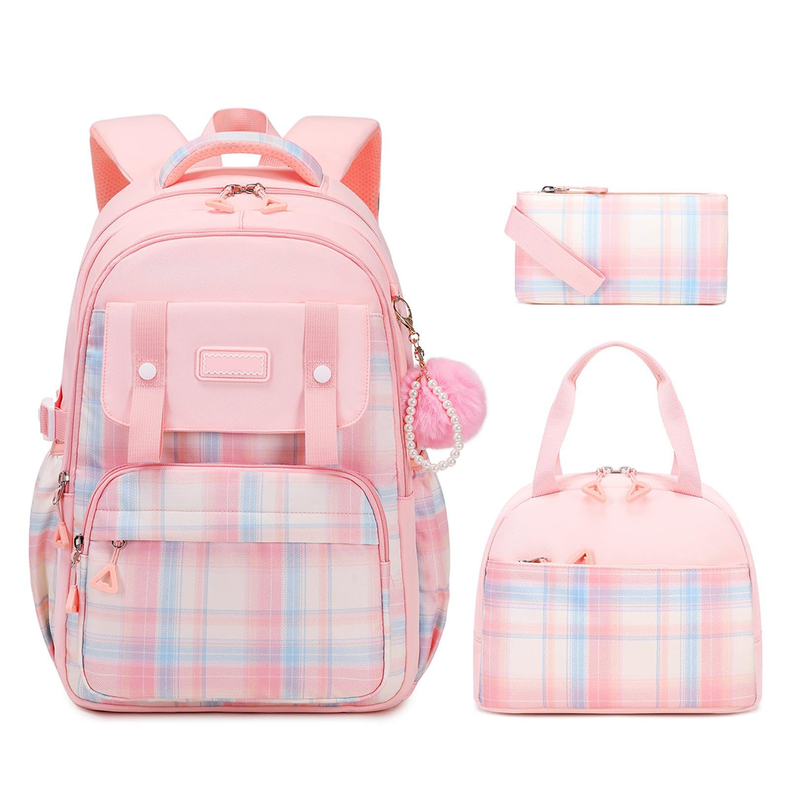 MOPUEA Schulrucksack Schultasche 3-teilig mit Lunchtasche Federmappe, Leichter Schulranzen (Set, 3-tlg., 1 × Schulrucksack 1 × Lunchtasche 1 × Federmäppchen), Wasserdichter Rucksack Tagesrucksäcke