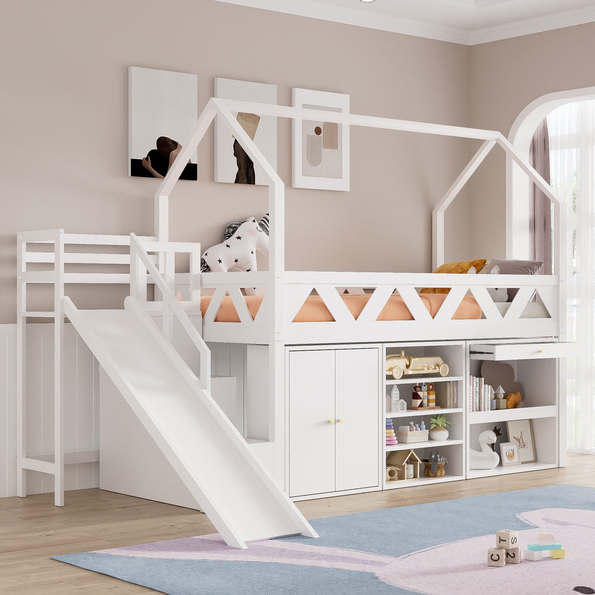 Flieks Hochbett Kinderbett Etagenbett mit Schränke, Rutsche und Treppe 90x200cm