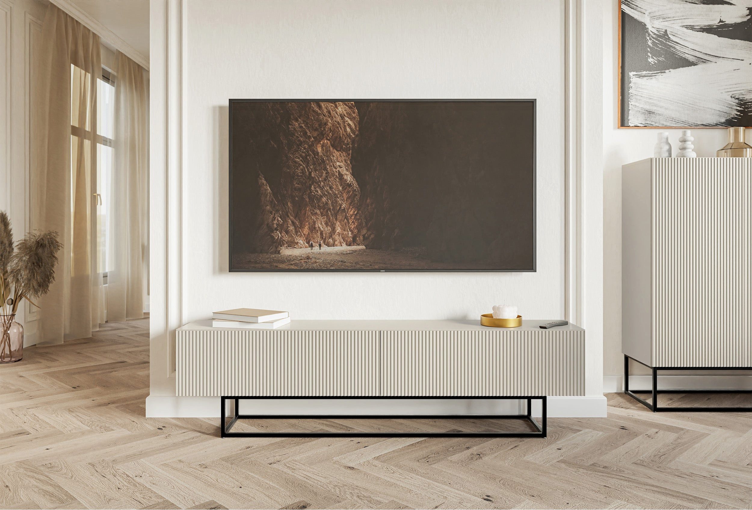 Selsey TV-Schrank VELDIO TV-Lowboard 175 cm – Riffelfronten und Metallgestell in Schwarz