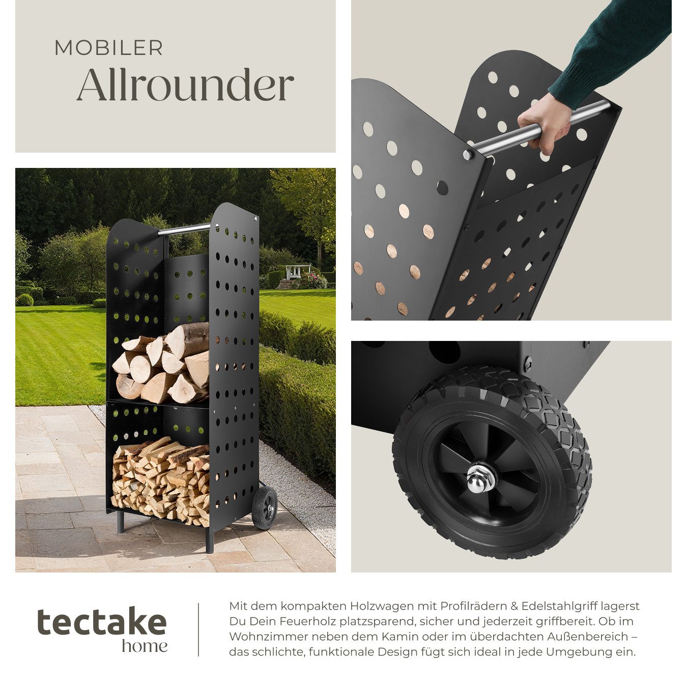tectake Kaminholzregal Brennholzwagen 53,5 x 41 x 112 cm, Stahl, Belastbarkeit 50 kg, BxTxH:45,00x55,00x104,00 cm, (Kaminholzkorb, in schwarz), mit großen Kunst – Bild 4 von 5