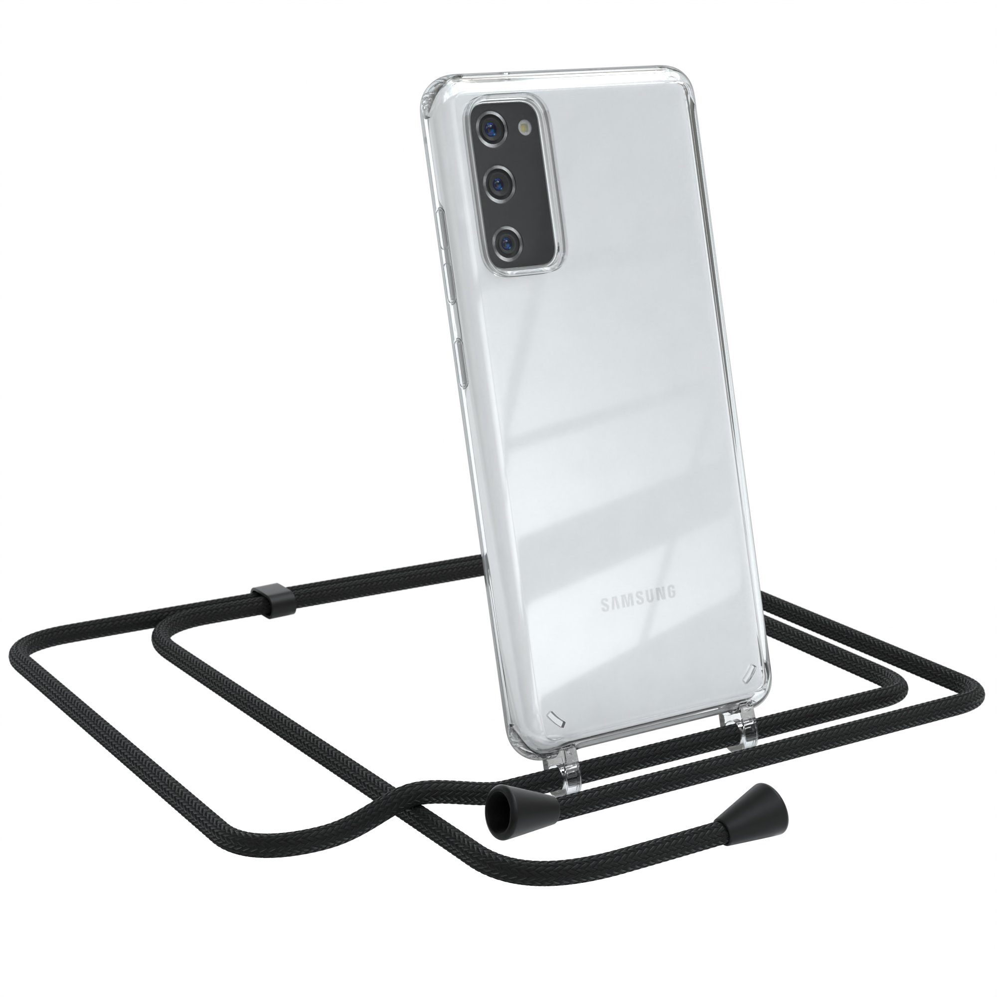 EAZY CASE Handykette Kette Clips Schwarz für Samsung Galaxy S20 FE / 5G 6,5 Zoll, Slimcover mit Umhängeband Case Handytasche Clear Backcover Schwarz