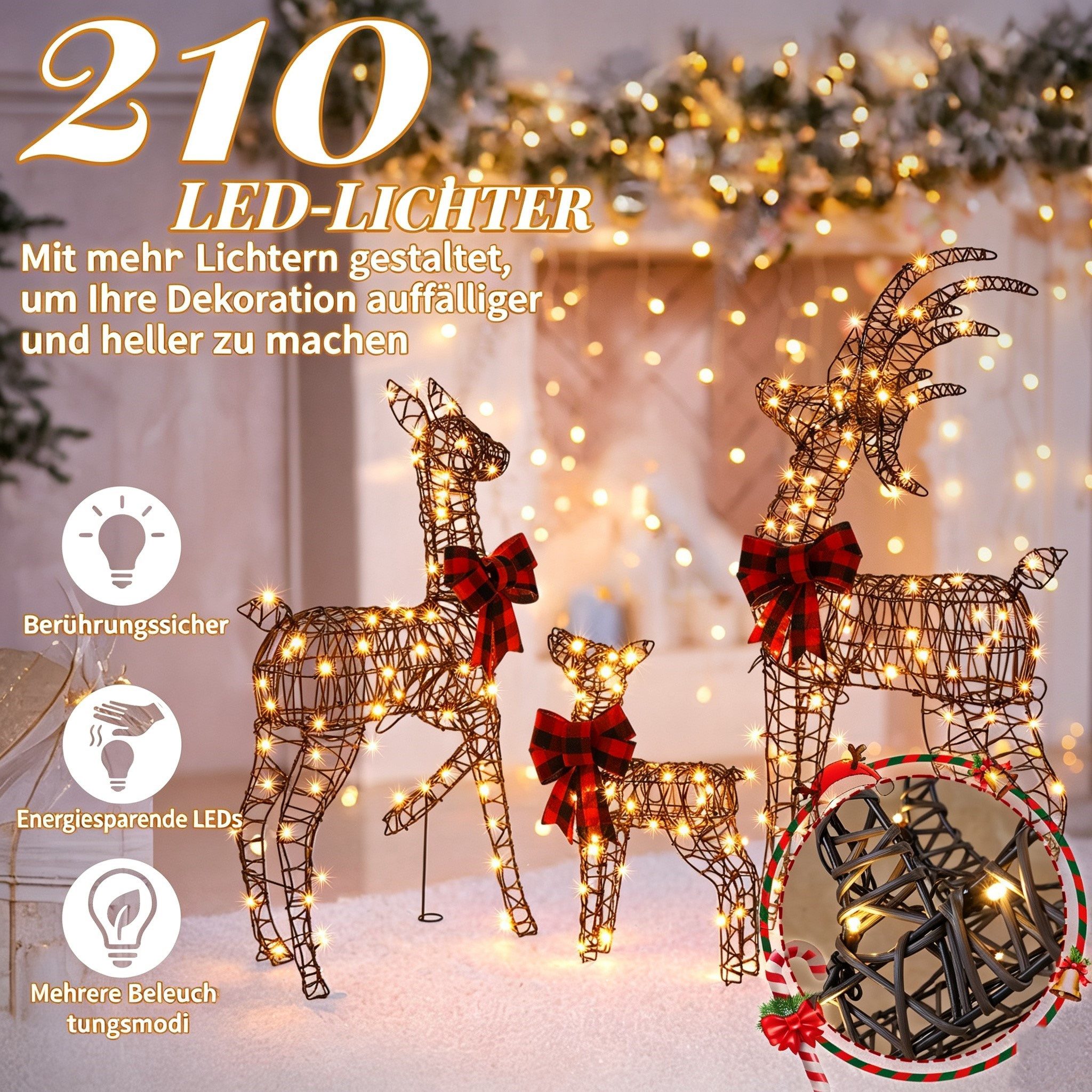 VINGLI LED-Dekofigur Leuchtendes Weihnachtsdeko, 3-teiliges Rentier-Familien-Set, Weihnachtsfigur mit 210 Warmweiße Lichtern, Wetterfest, 122 cm, Braun – Bild 4 von 5