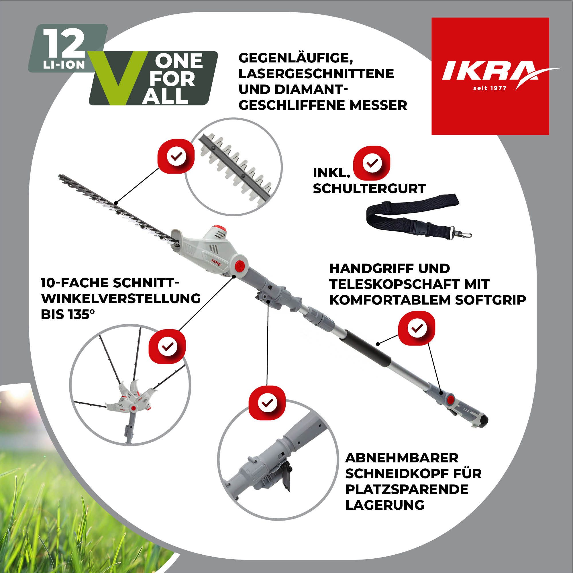 ikra GmbH Teleskop-Heckenschere IATHS 1241, bis 3,50 m Arbeitshöhe, 12 V, Teleskopstiel 1,80–2,35m, Winkelverstellung bis 135°