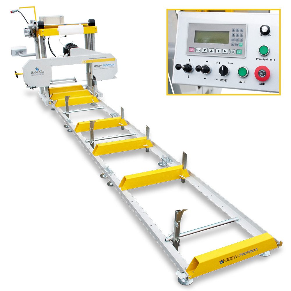 BAMATO Holzbandsäge BBSW-790PROA mit 5,9m Rollbahn und automatischem Vorschub, 1-St., Kühlmitteleinrichtung, el. Höhenverstellung, Blockbandsäge, Laser