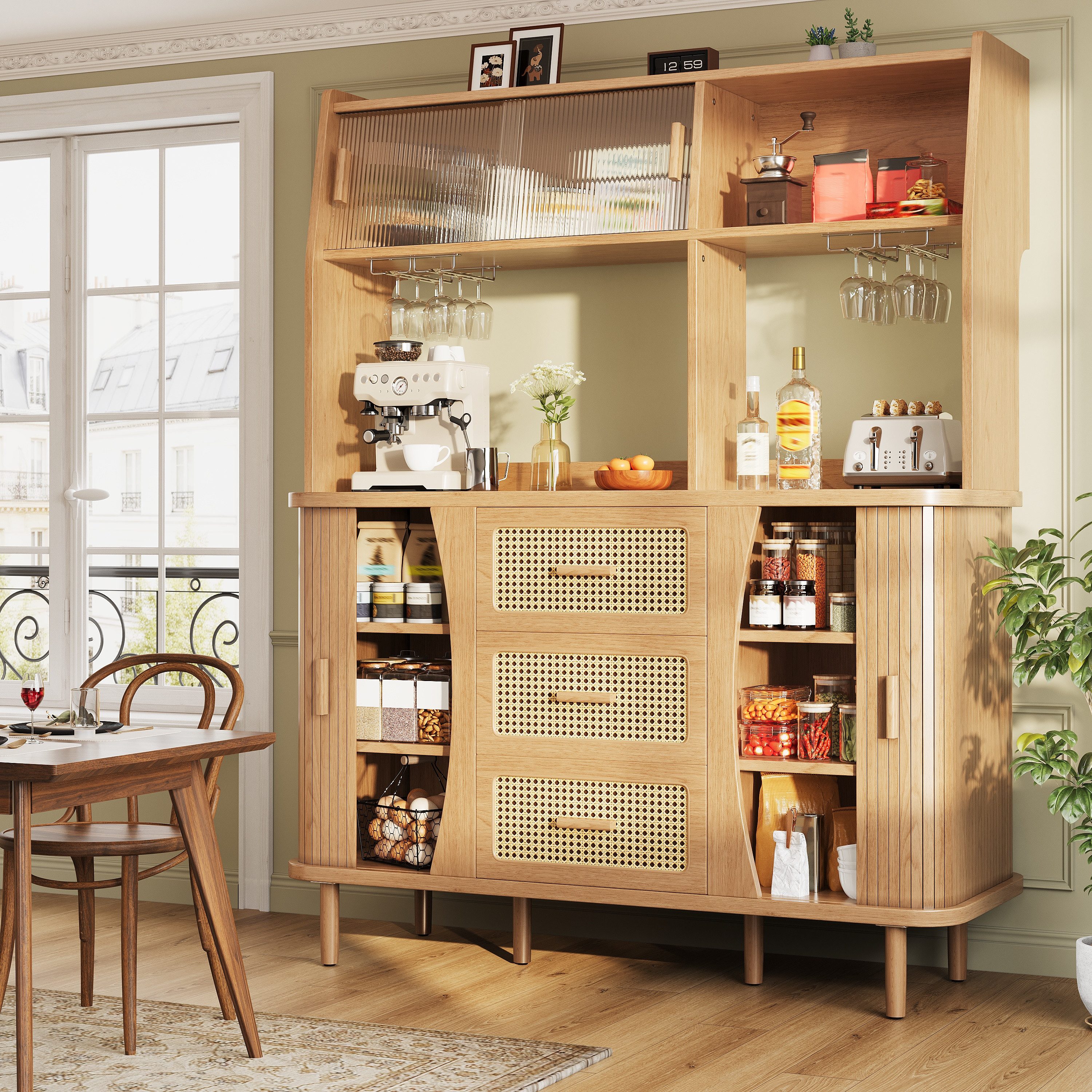STILVORA Mehrzweckschrank Buffetschrank Küchenschrank in Rattanoptik mit Glasschiebetüren (Glasschiebetüren, Rattanfronten, 3 Schubladen, Vintage-Design, Holzoptik & Glas, offene Fächer, Glasschrank, platzsparend) für Esszimmer, Küche, Wohnzimmer, Flur, Hausbar, Vorratsraum
