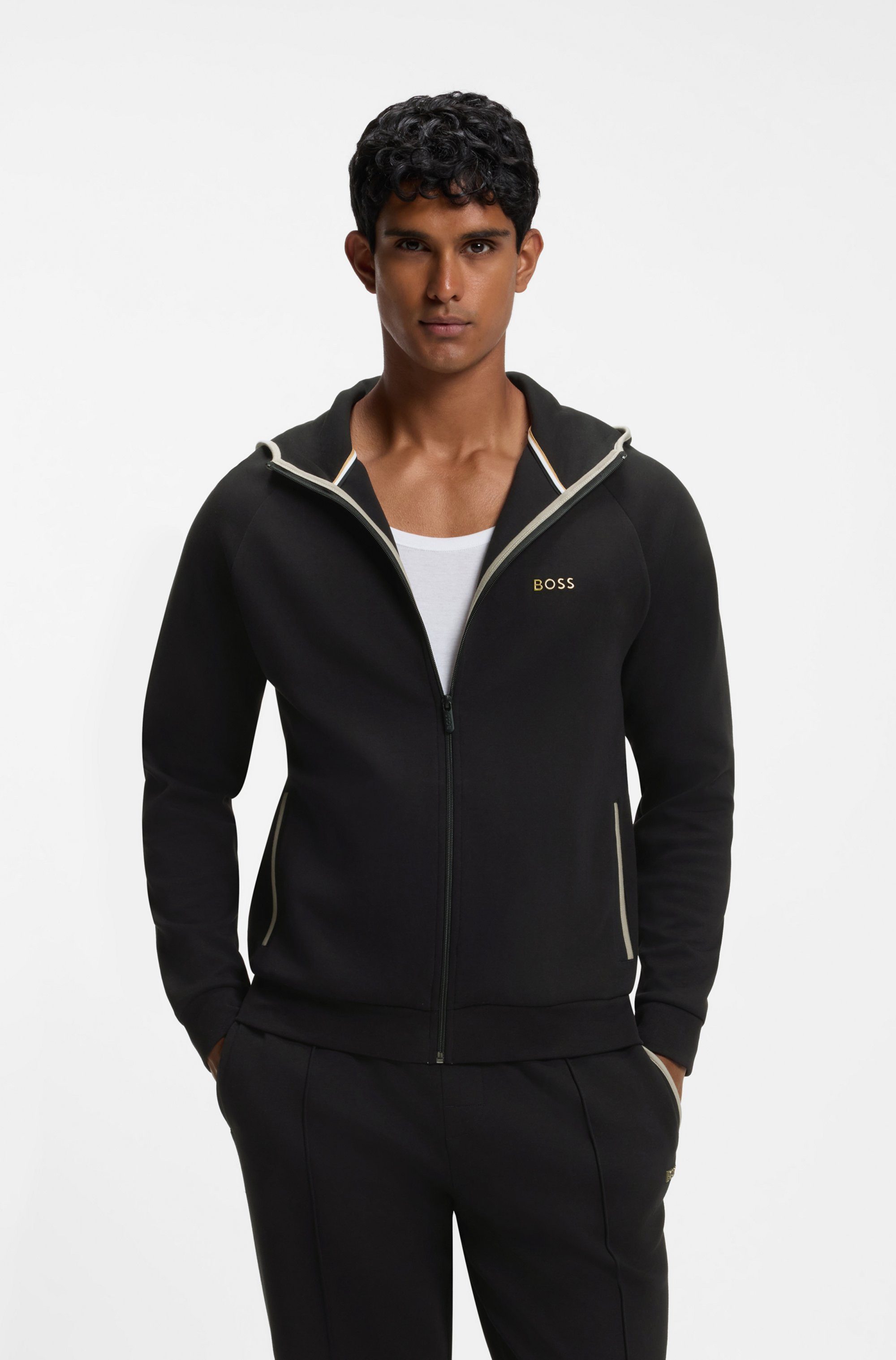 BOSS Kapuzensweatjacke Sense aus Baumwoll-Mix mit Reißverschluss und Kontrast-Einfassung