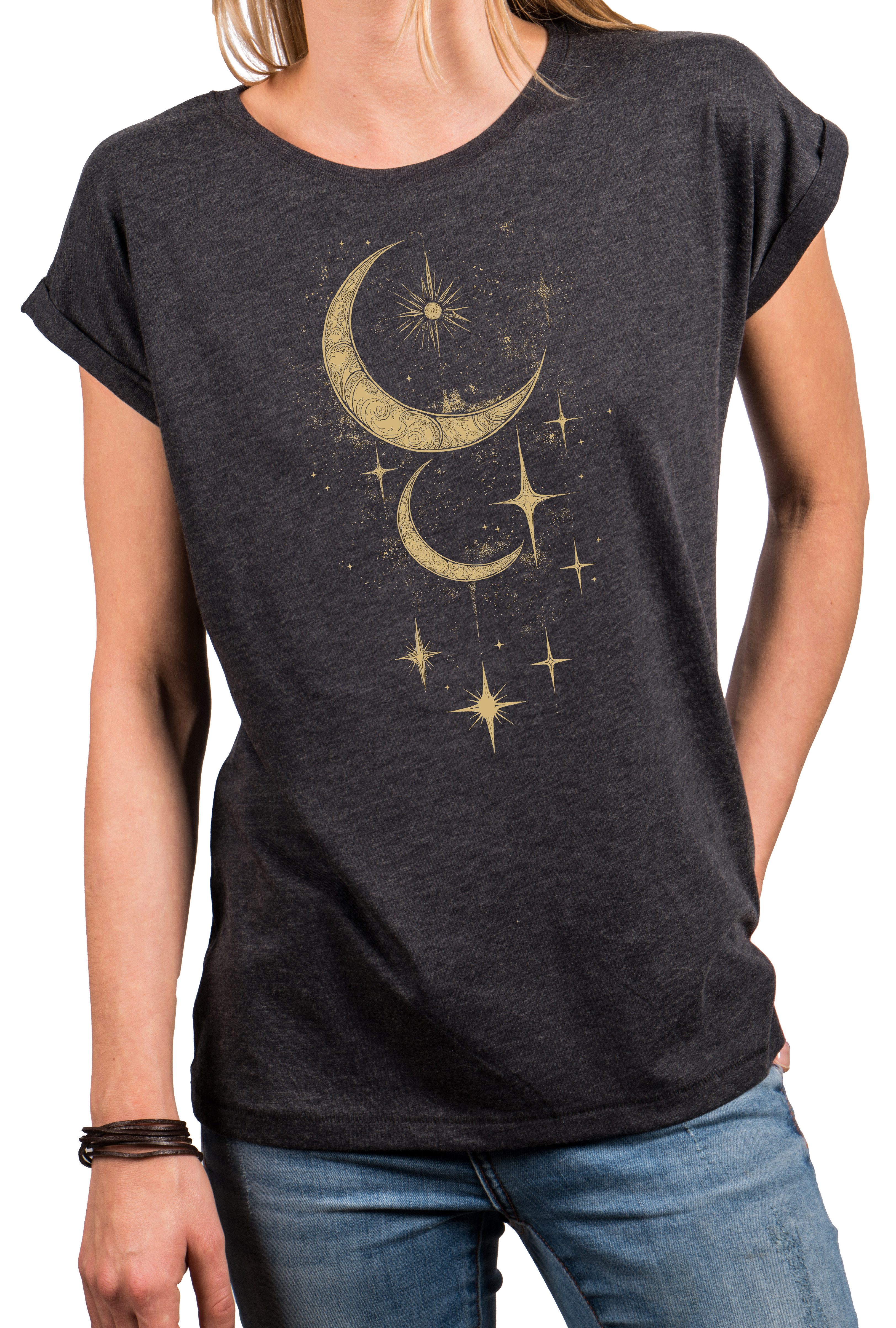 MAKAYA Kurzarmshirt Damen mit Aufdruck Sonne Mond & Sterne Print Esoterik Geschenk (Schwarz, Blau, Grau, 34, 36, 38, 40, 42, 44, 46, 48, 50) Baumwolle