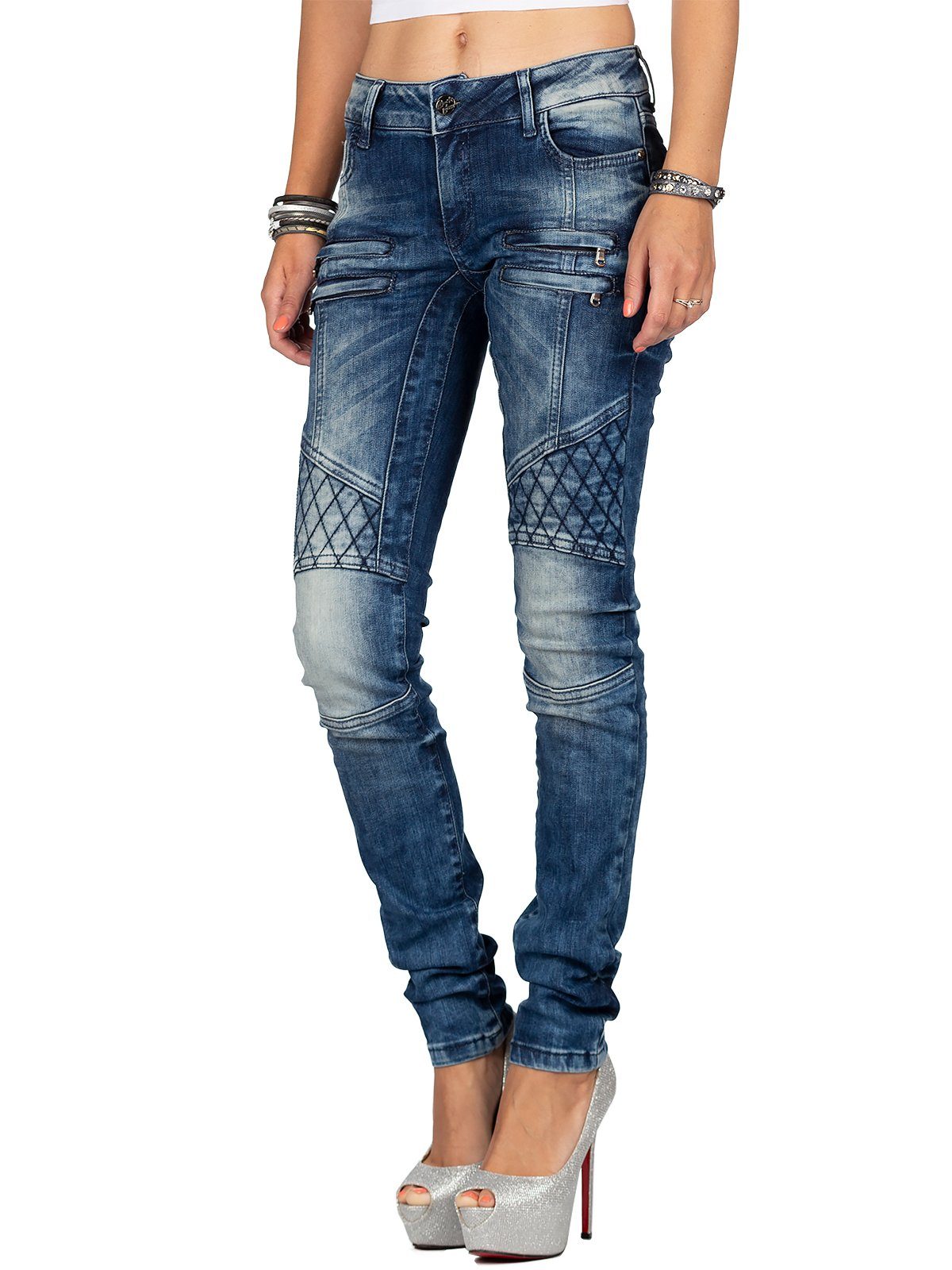 Damen Jeans Cipo & Baxx Slim-fit-Jeans Cipo & Baxx Damen Jeans BA-WD378 Biker Style mit Rautenmuster