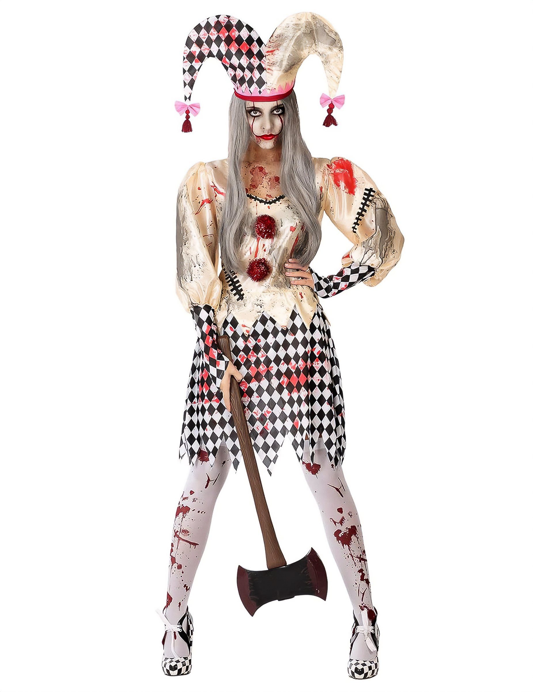 atosa Clown-Kostüm Blutiges Harlekin-Kostüm für Damen Halloween weiss-schwarz-rot