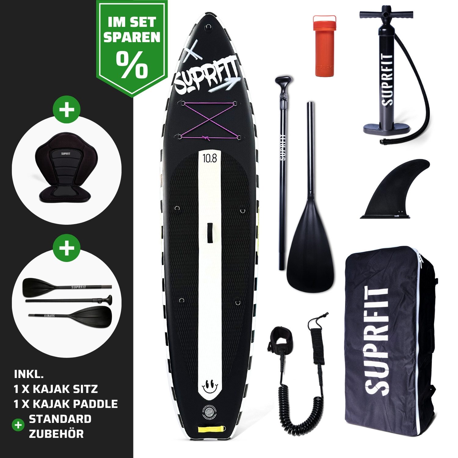 SF SUPRFIT Inflatable SUP-Board Suprfit SUP Board Set Stickers Black inkl. Sitz und Kajak Paddle, Touring, mit Kajaksitz
