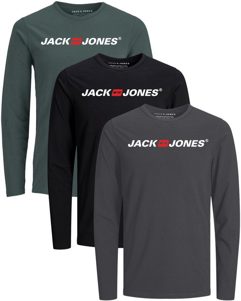 Jack & Jones Langarmshirt Regular-Fit mit stilvollem Printdruck (Spar-Set, 3er-Pack) in Unifarbe aus Baumwolle, mit lizenziertem Originaldesign Print