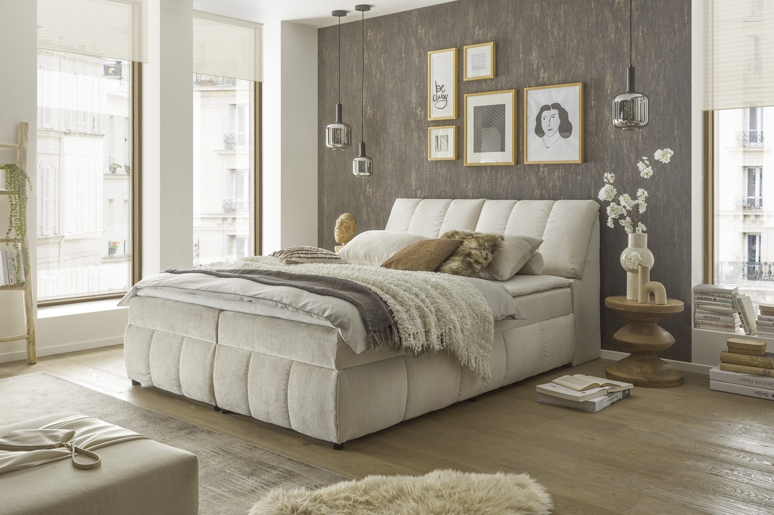 Black Red White Boxspringbett Stauraum, inkl. Topper, Ivory cream, 180x200cm - 183x105x240cm (BxHxT)