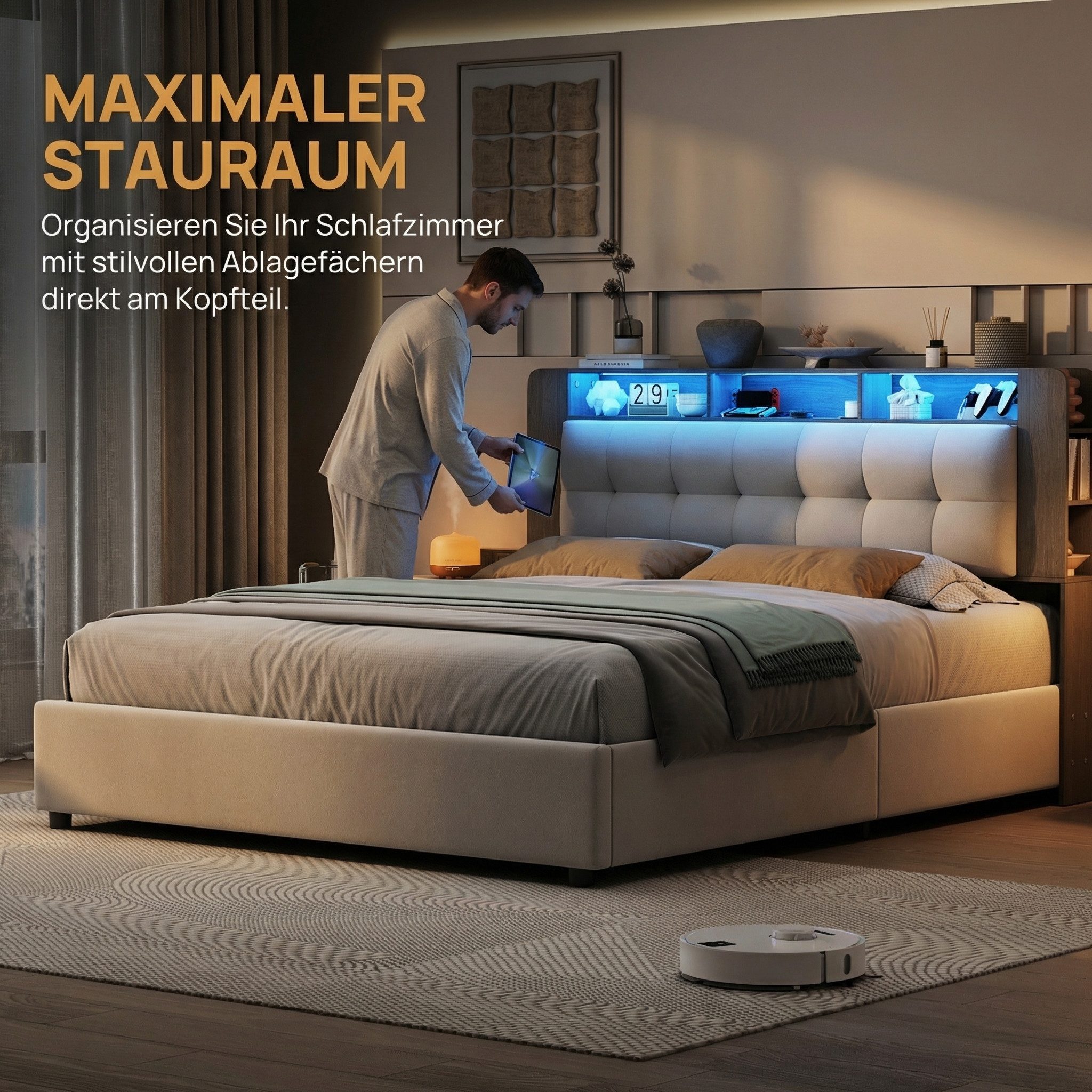 PXloue Polsterbett LED hydraulisches Doppelbett (Kopfteil mit integrierter günstig online kaufen