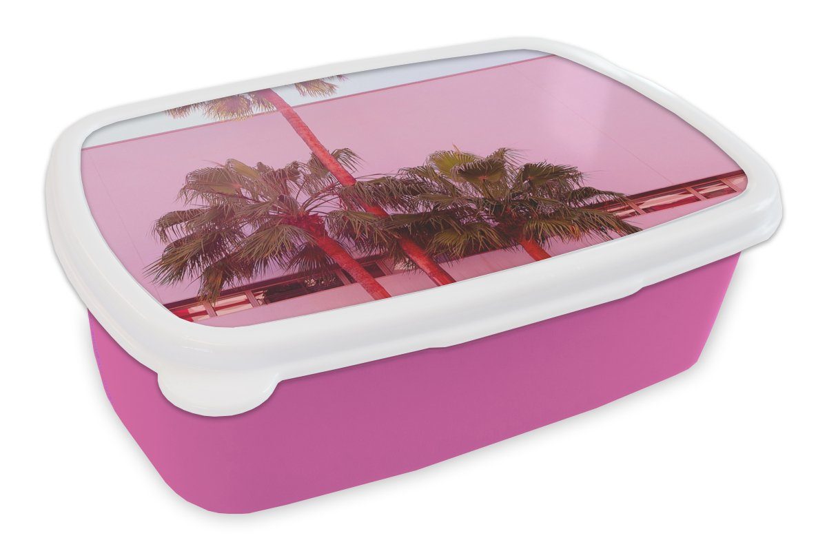 MuchoWow Lunchbox Palme - Garten Poster - Rosa, Kunststoff, (2-tlg), Brotbox für Erwachsene, Brotdose Kinder, Snackbox, Mädchen, Kunststoff