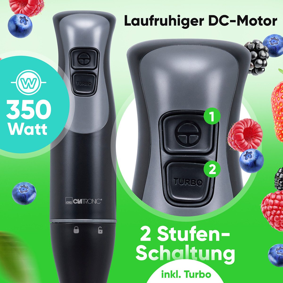 CLATRONIC Stabmixer SM 3824, Stabmixer für Smoothies und Shakes, Turbo-Mode