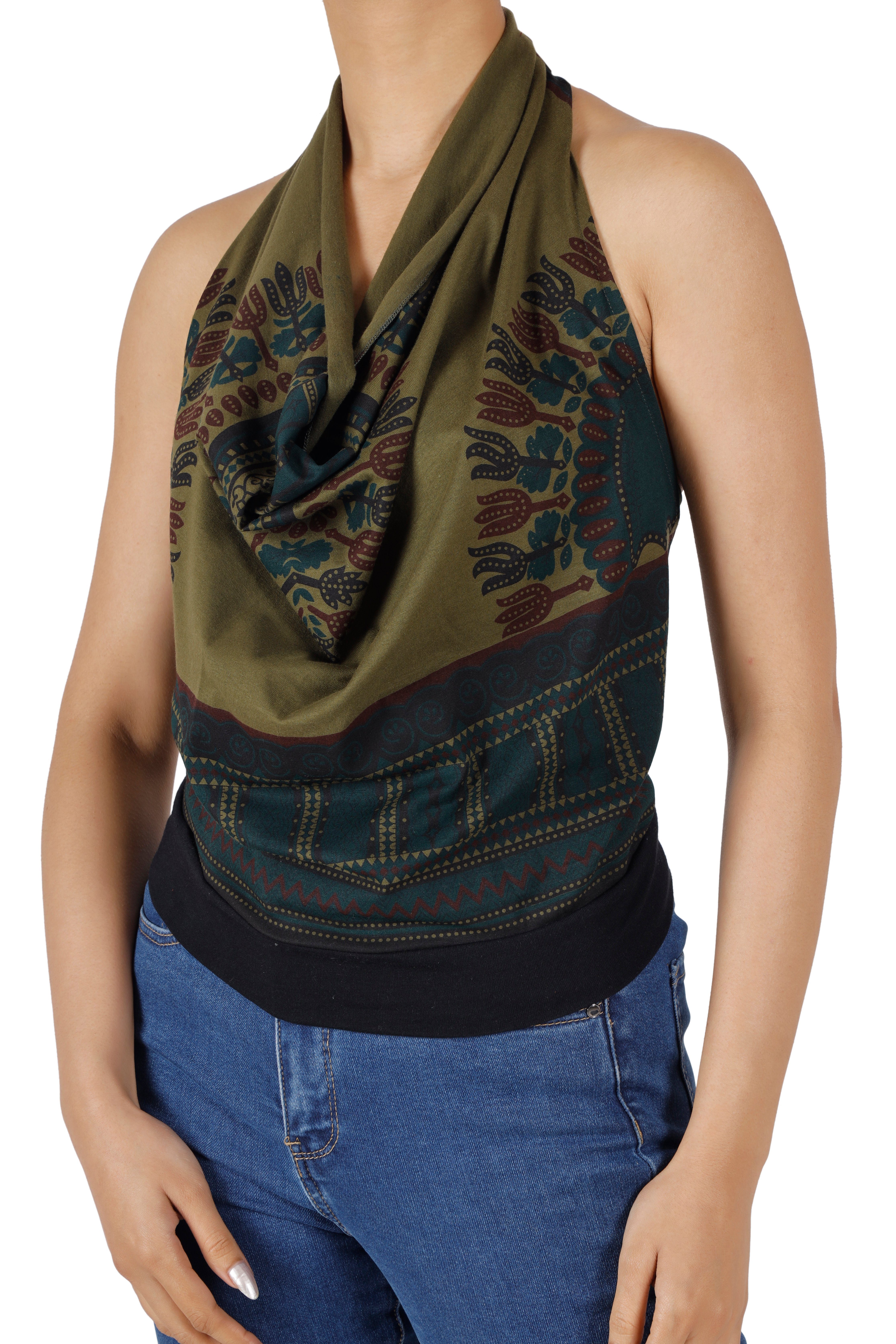Guru-Shop T-Shirt Goa Top, Dashiki Psytrance Neckholder Top - olive Hippie, Ethno Style, Psychedelic, alternative Bekleidung, Festival