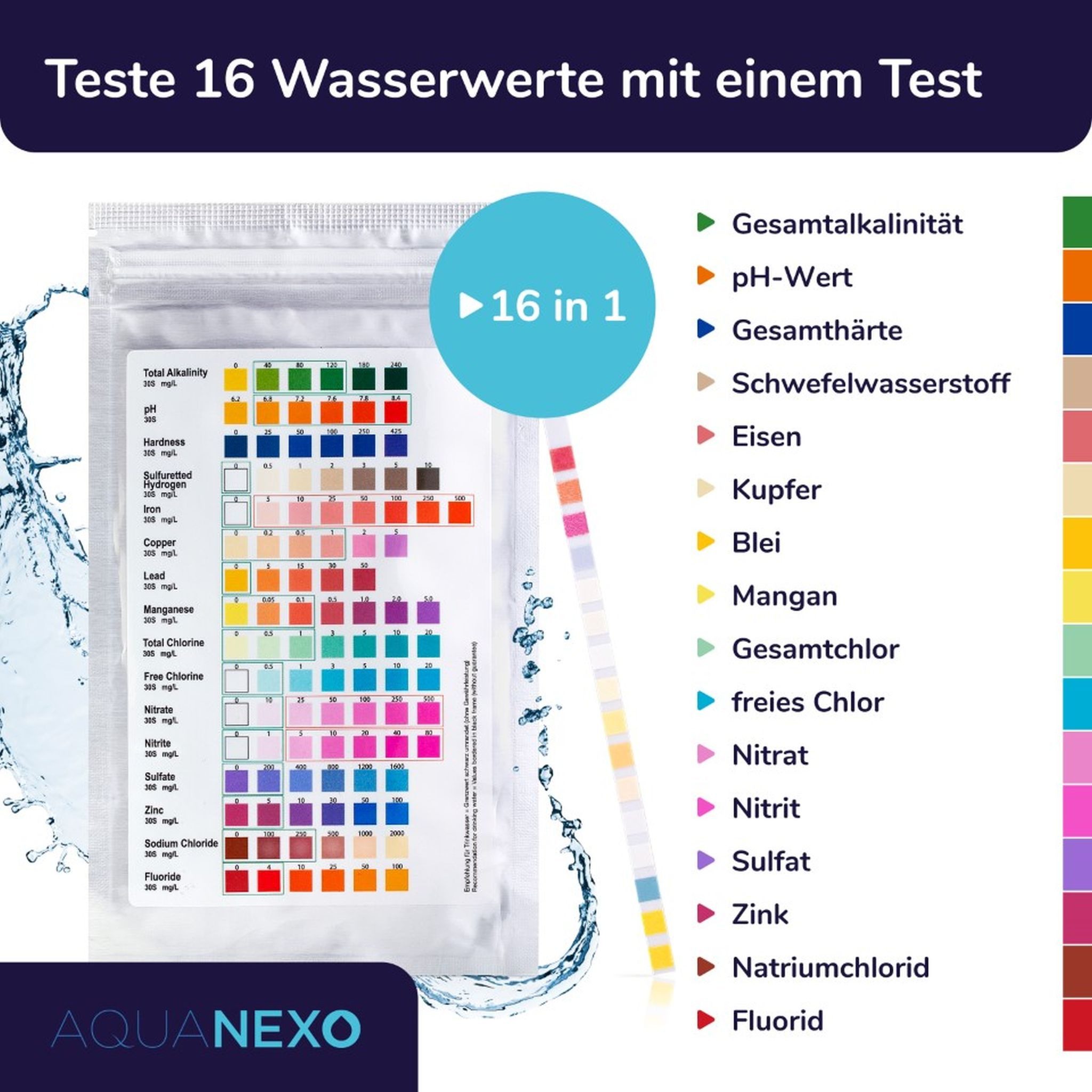 AquaNexo Trinkwassertest Wassertester Teststreifen 16-in-1 Trinkwassertest pH Wasserhärte 25st.